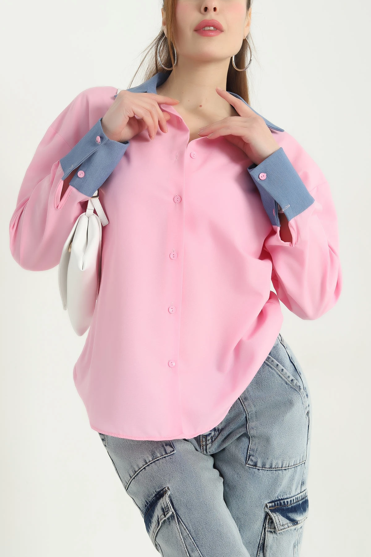 Pembe Kol ve Yaka Detay Kadın Poplin Gömlek 342855