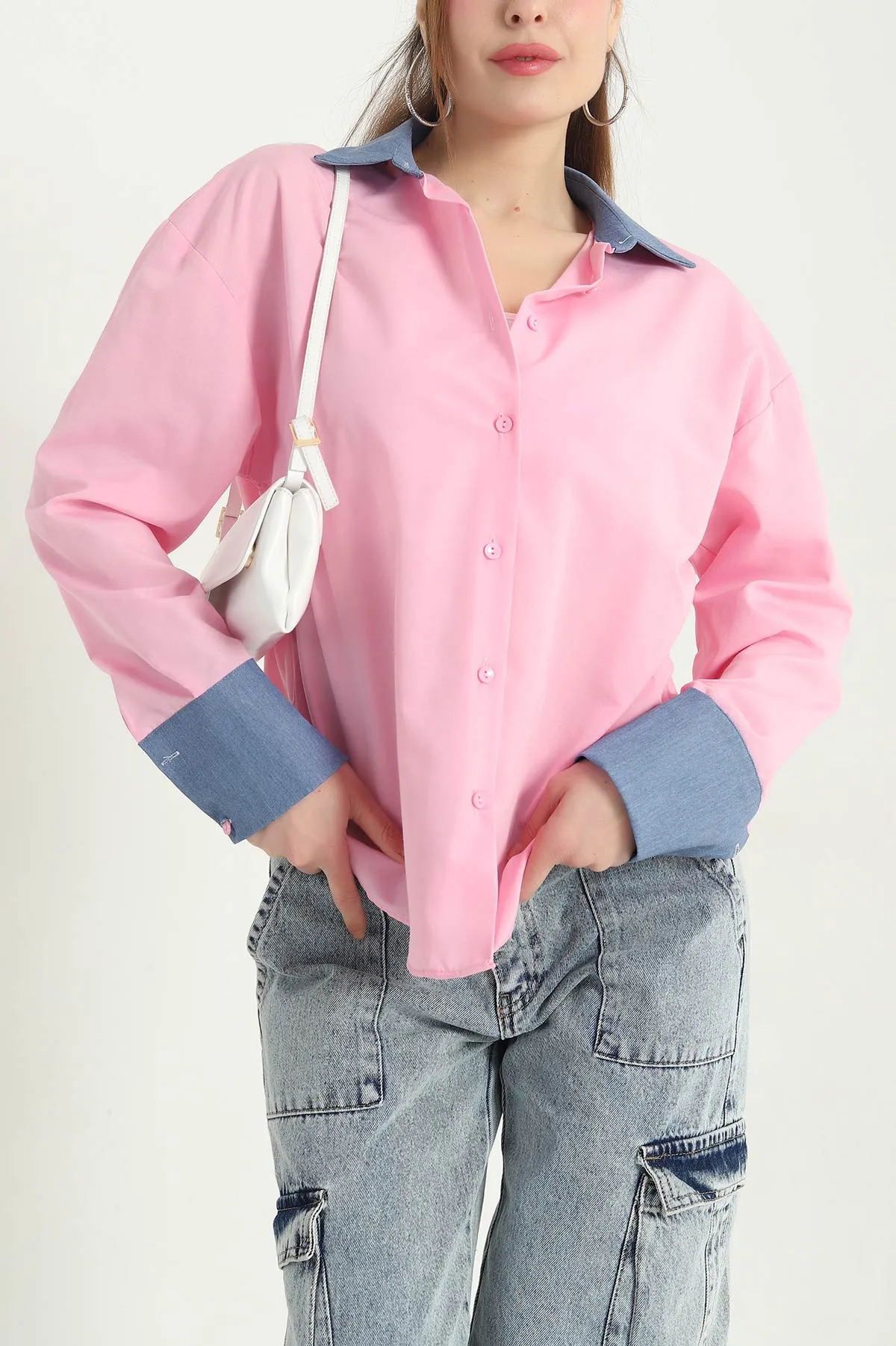Pembe Kol ve Yaka Detay Kadın Poplin Gömlek 342855