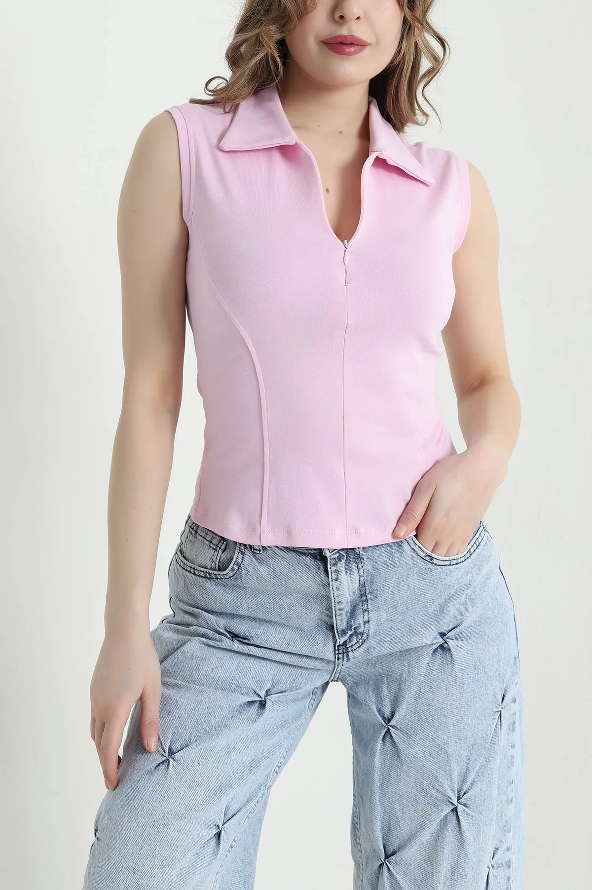 Pembe Kolsuz Fermuarlı Yaka İnterlok Kadın Bluz 441175