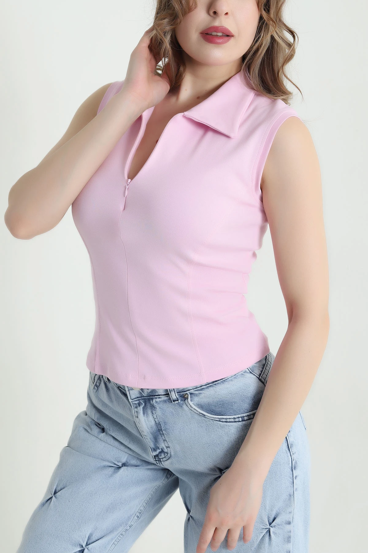 Pembe Kolsuz Fermuarlı Yaka İnterlok Kadın Bluz 441175