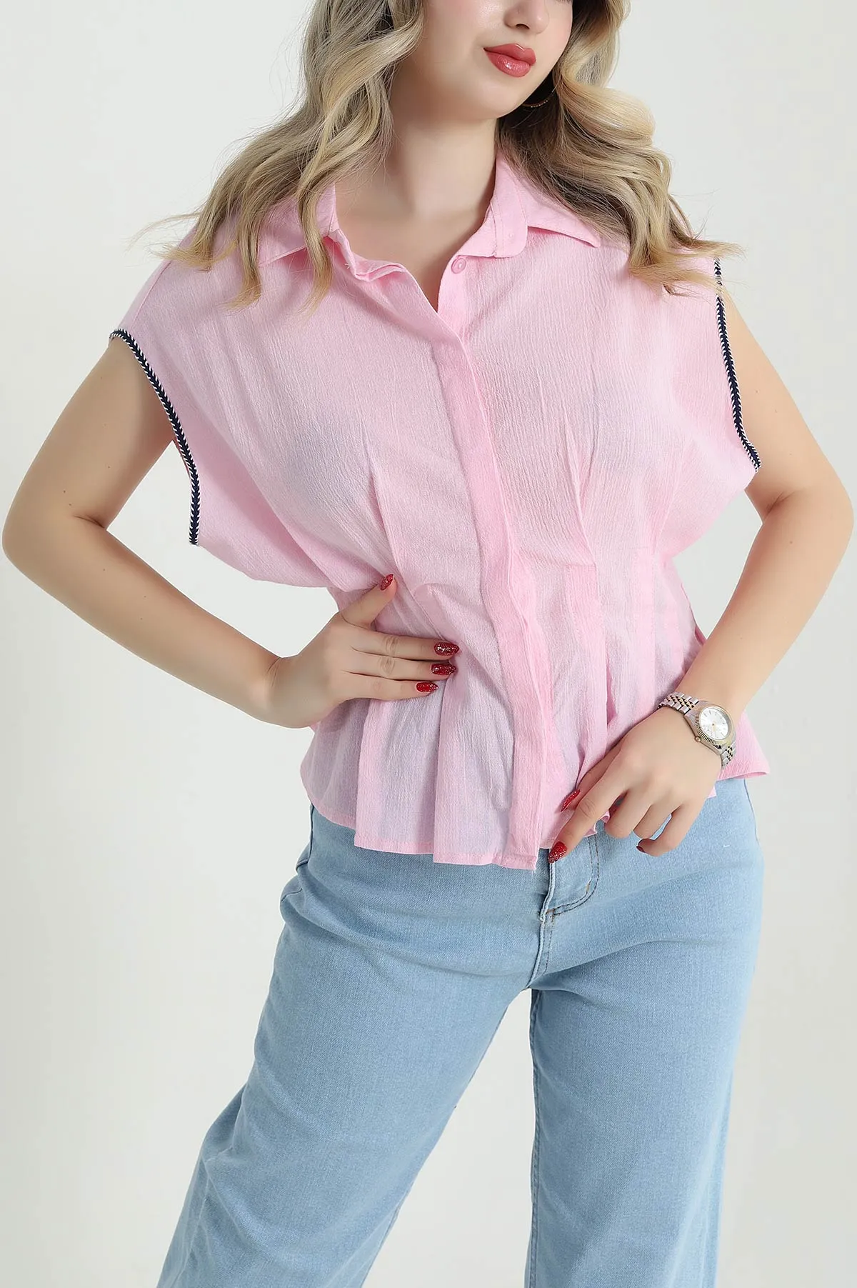 Pembe Kolsuz Keten Kadın Gömlek 471726