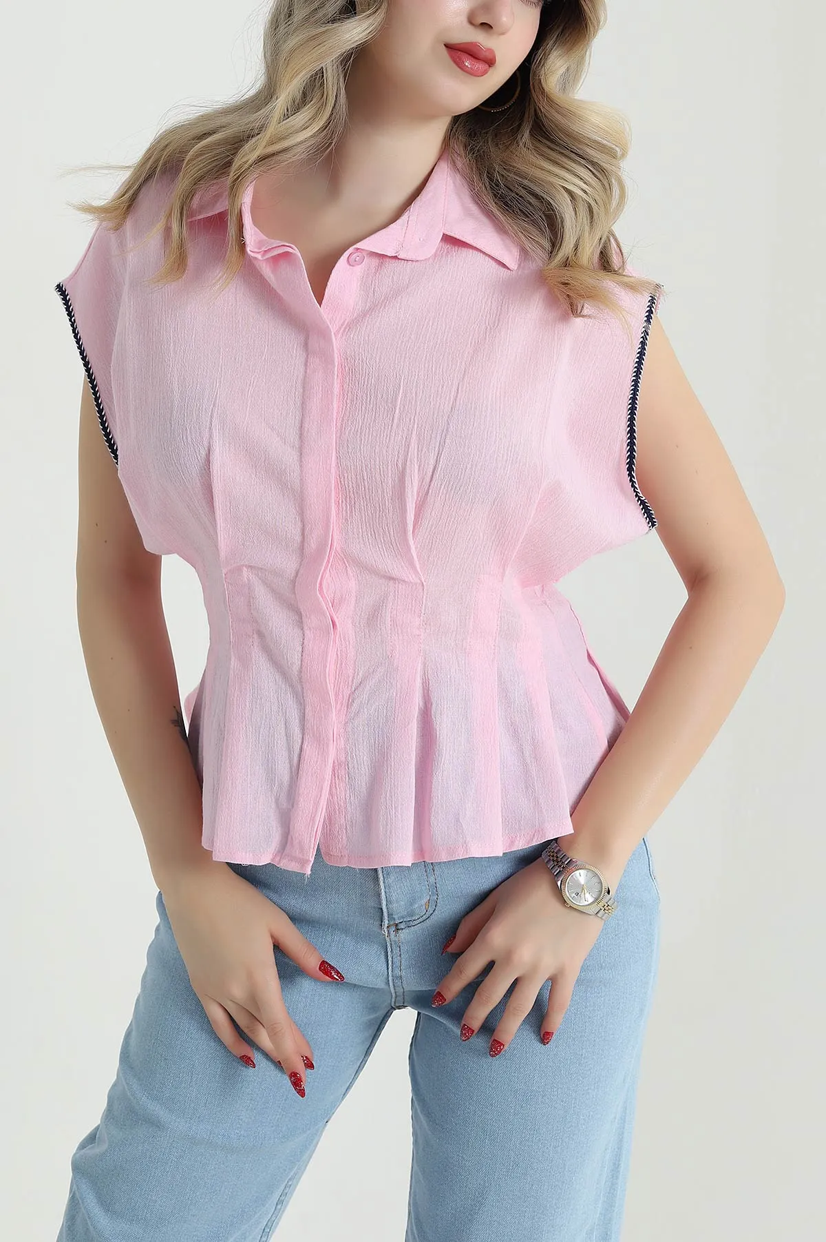 Pembe Kolsuz Keten Kadın Gömlek 471726