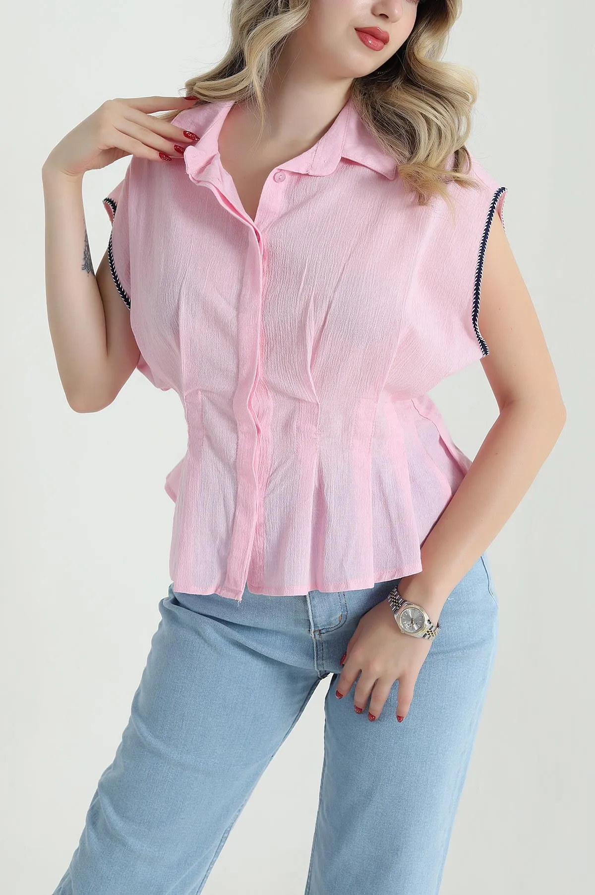 Pembe Kolsuz Keten Kadın Gömlek 471726