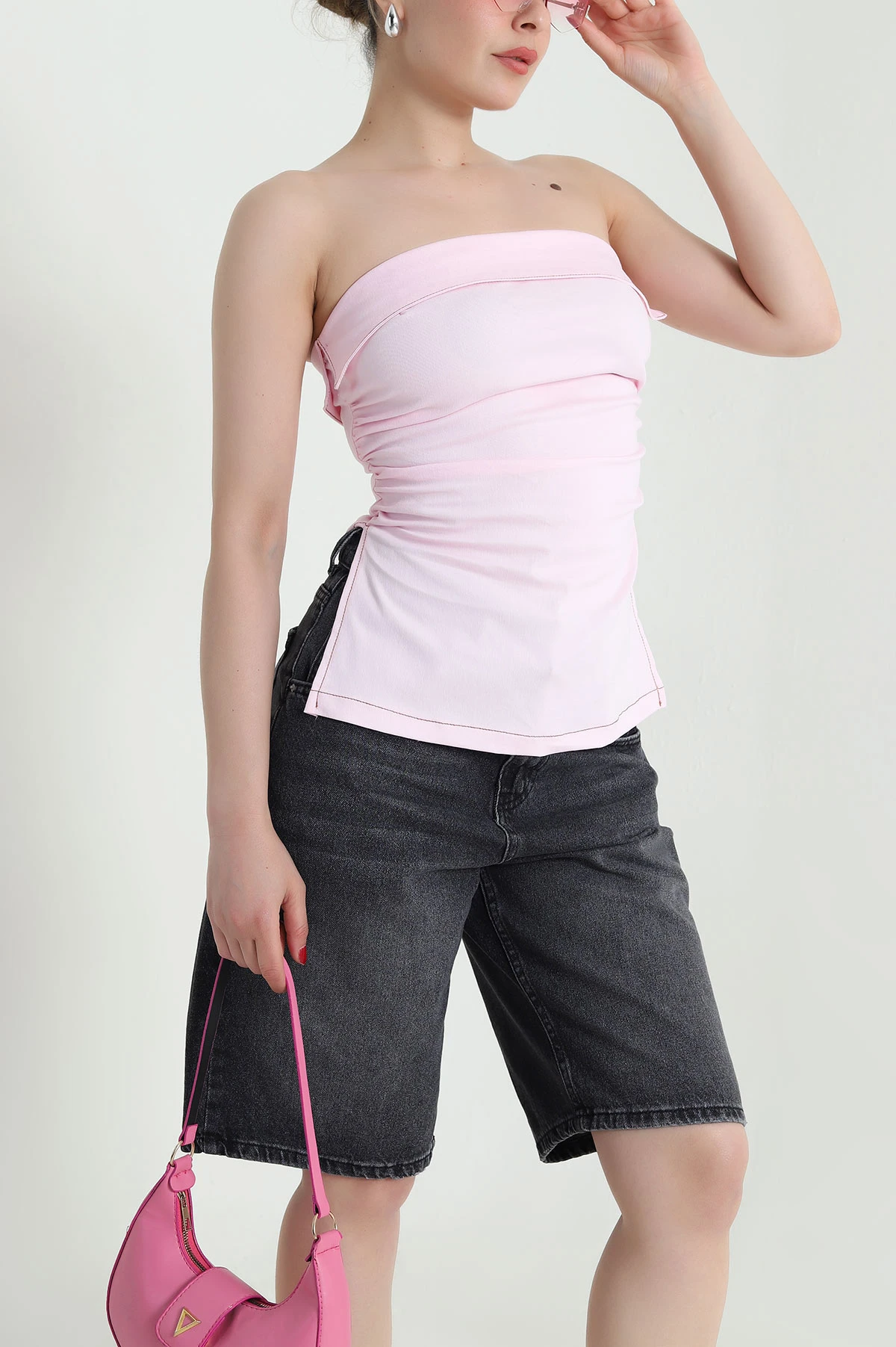 Pembe Kot Straplez Kadın Bluz 467709