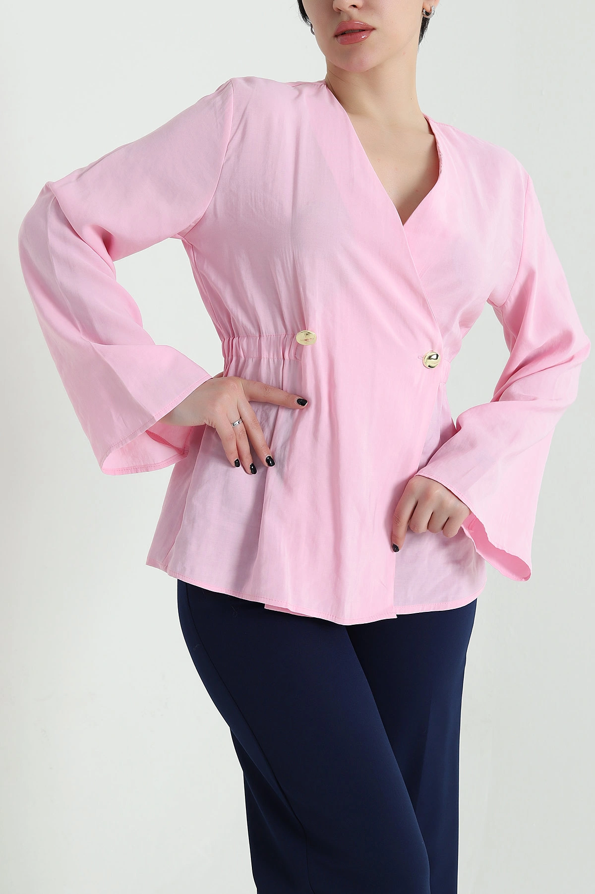 Pembe Kruvaze Yaka Modal Cupra Kadın Bluz 456378