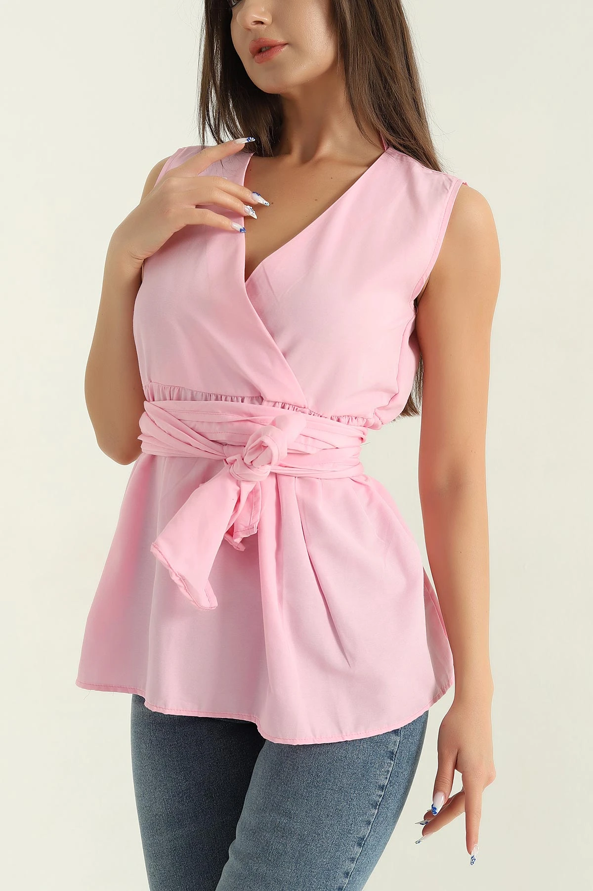 Pembe Kruvaze Yaka Poplin Bluz 368090