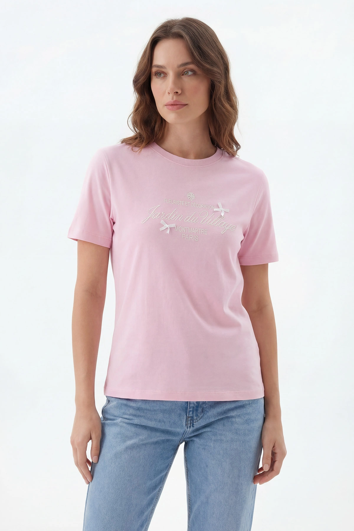 Pembe Kurdelalı Nakışlı Kompak Kadın Tişört 427467