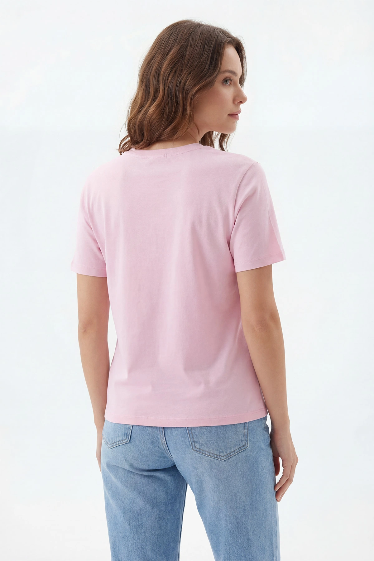 Pembe Kurdelalı Nakışlı Kompak Kadın Tişört 427467