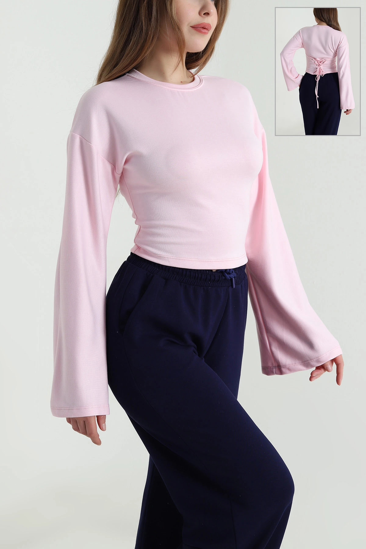 Pembe Kuş Gözü Bağcıklı Modal Kadın Bluz 494842
