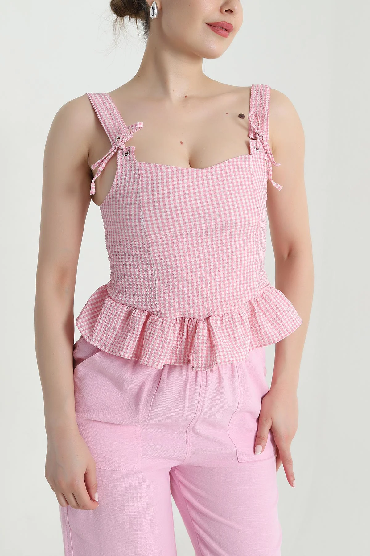 Pembe Kuş Gözü Detay Gofre Kadın Bluz 471243
