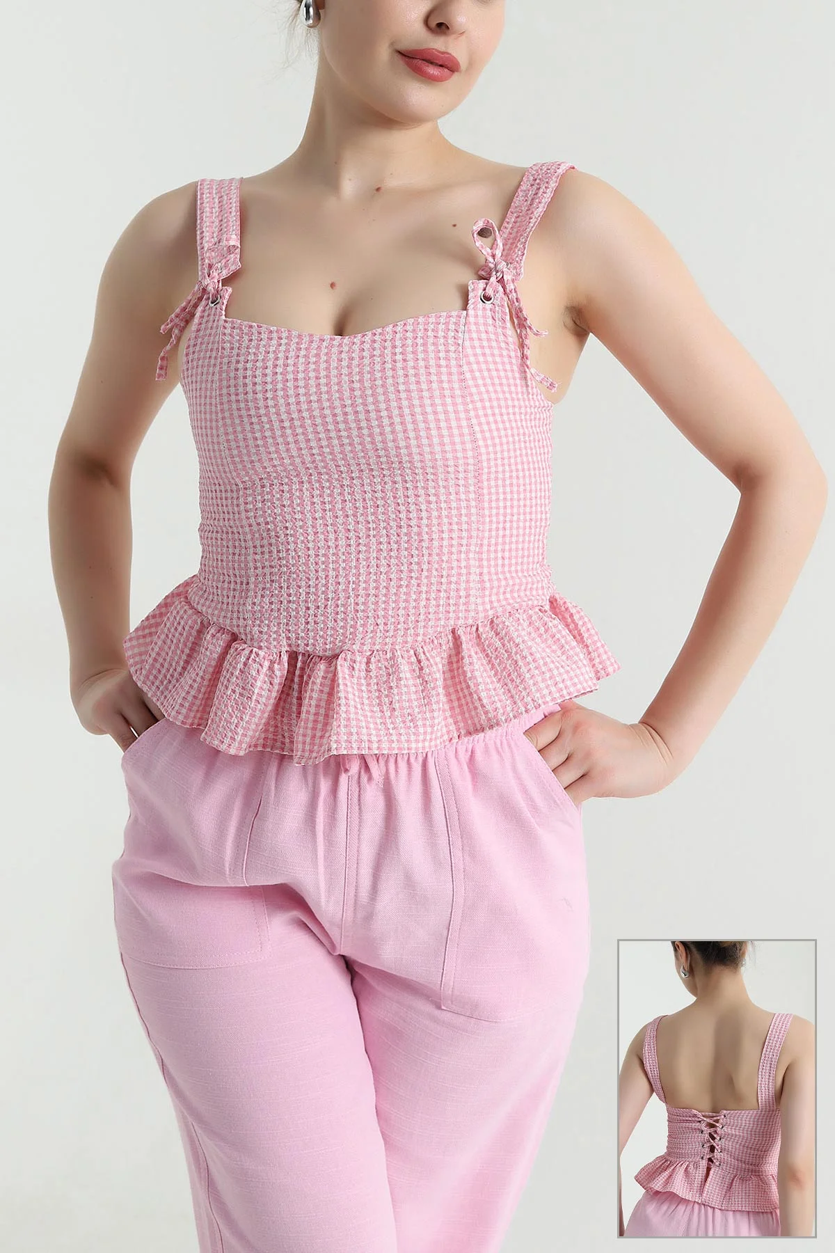 Pembe Kuş Gözü Detay Gofre Kadın Bluz 471243