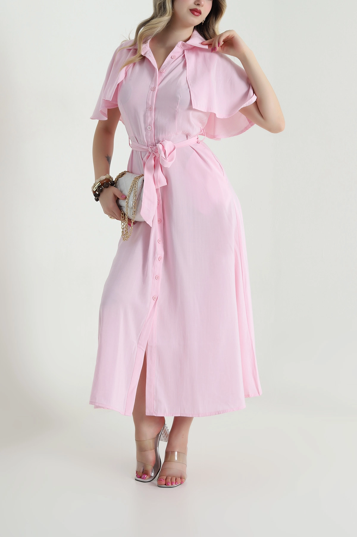 Pembe Kuşaklı Modal Kadın Elbise 484085