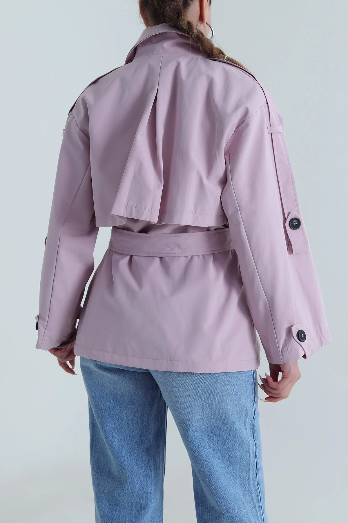 Pembe Kuşaklı Tasarım Kadın Ara Boy Trençkot 487235