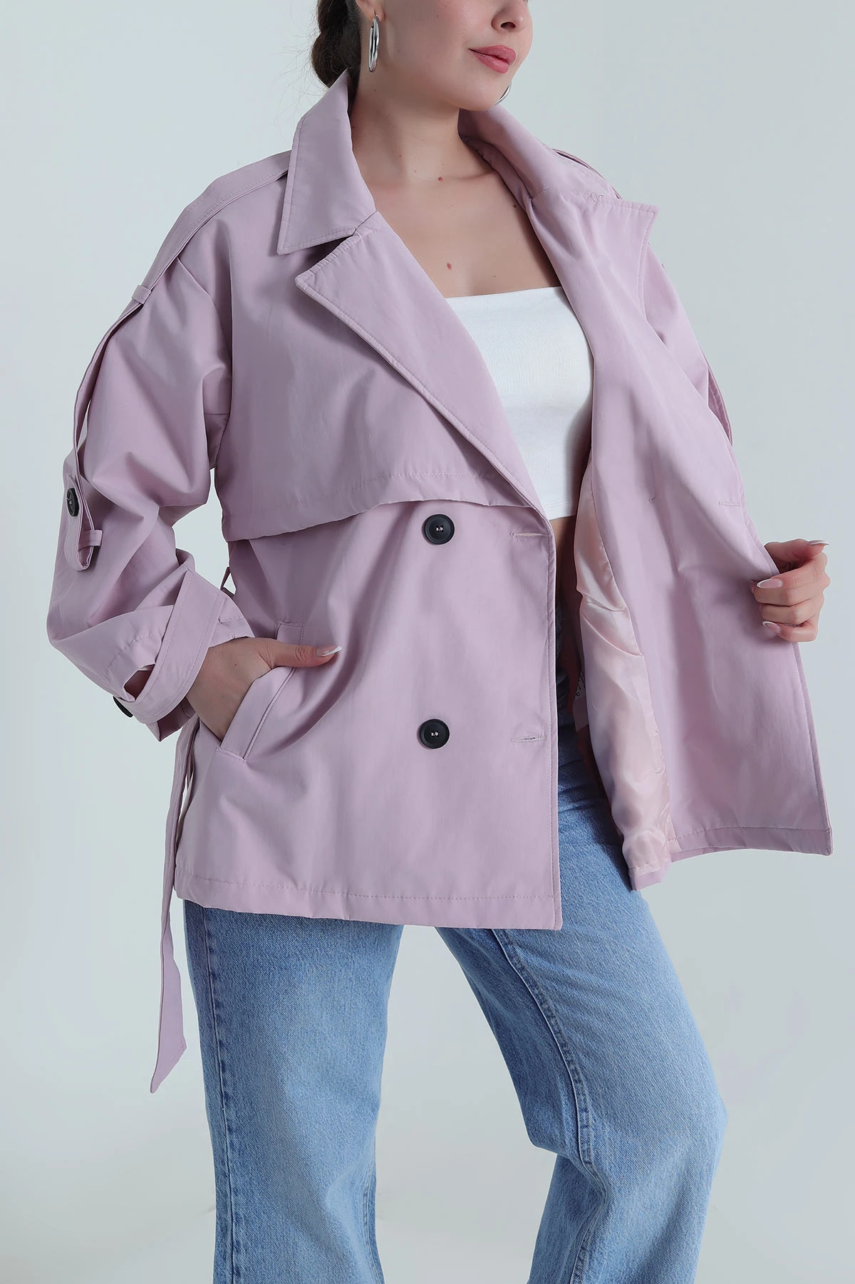 Pembe Kuşaklı Tasarım Kadın Ara Boy Trençkot 487235