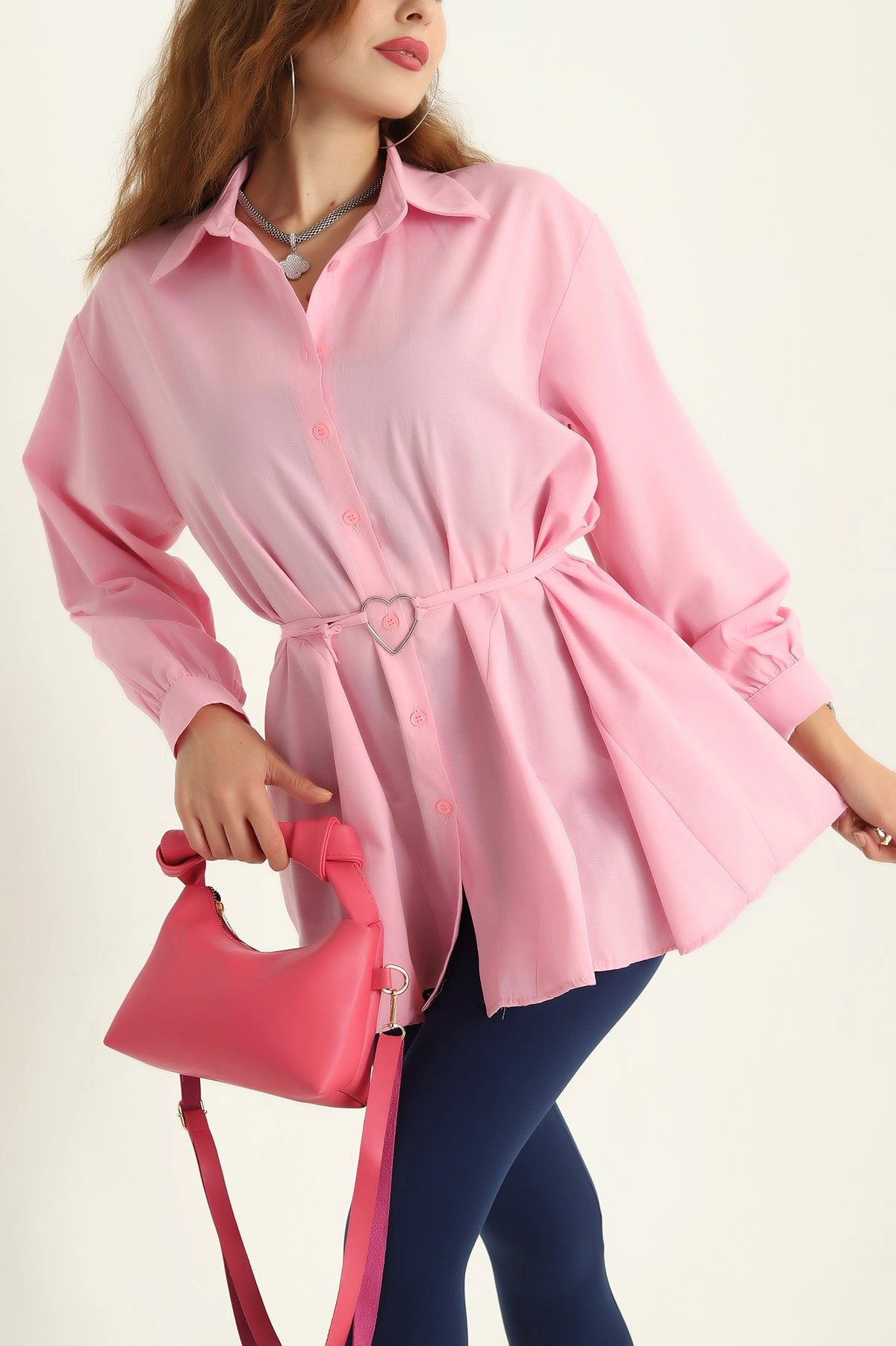 Pembe Kuşaklı Terikoton Gömlek Tunik 288657