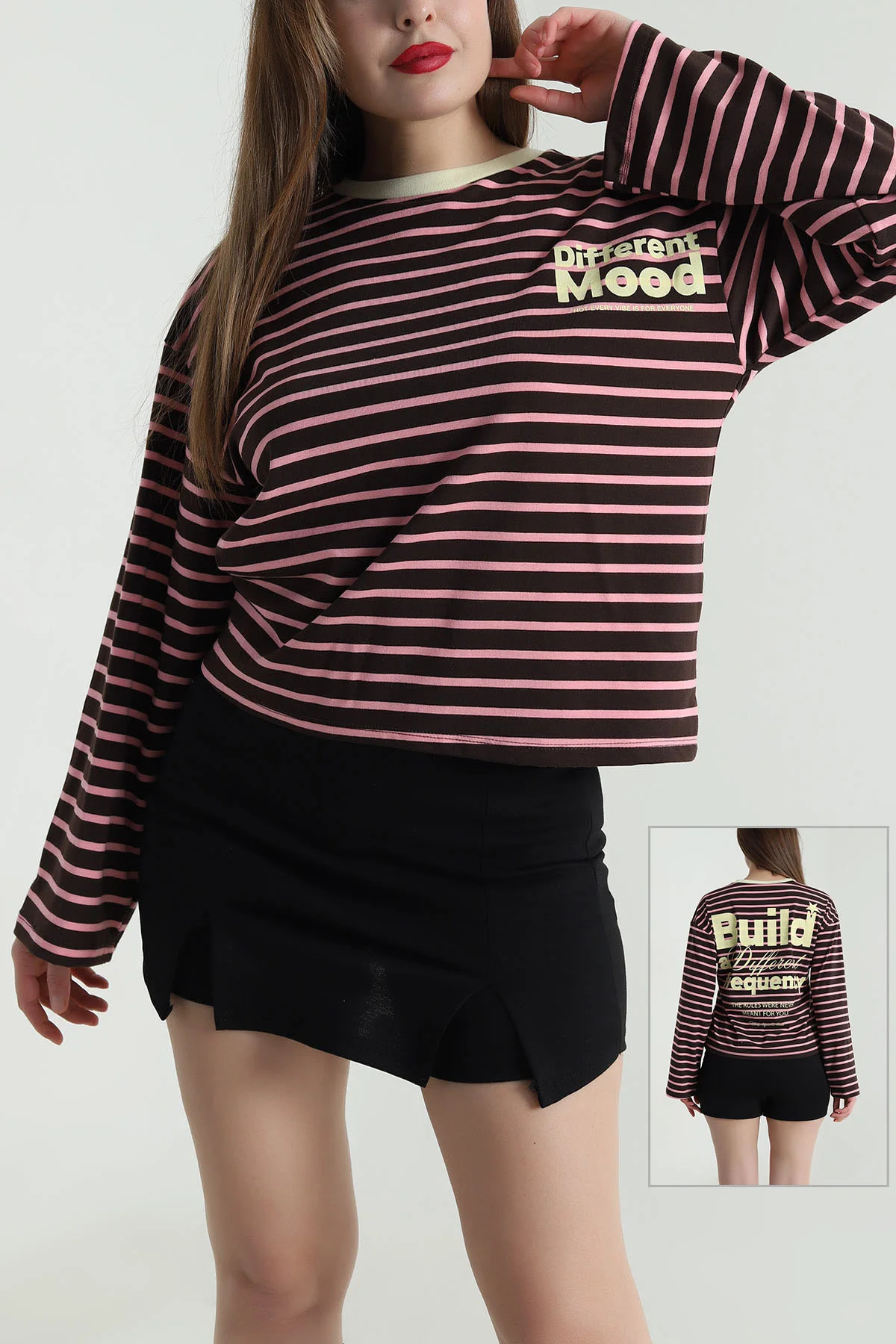 Pembe Likralı Baskılı Kadın Sweat 494457