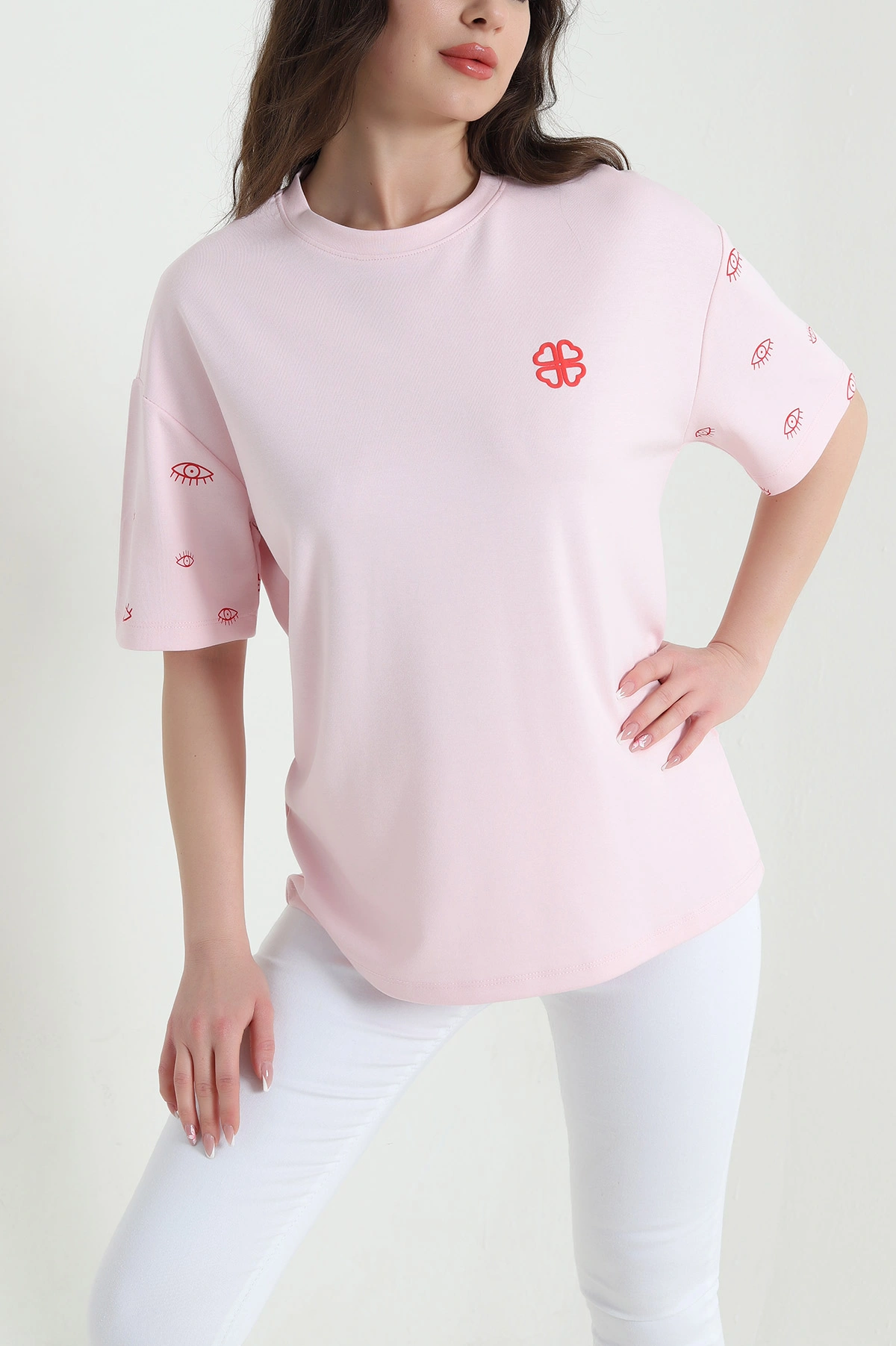 Pembe Likralı Baskılı Modal Kadın Tişört 454107
