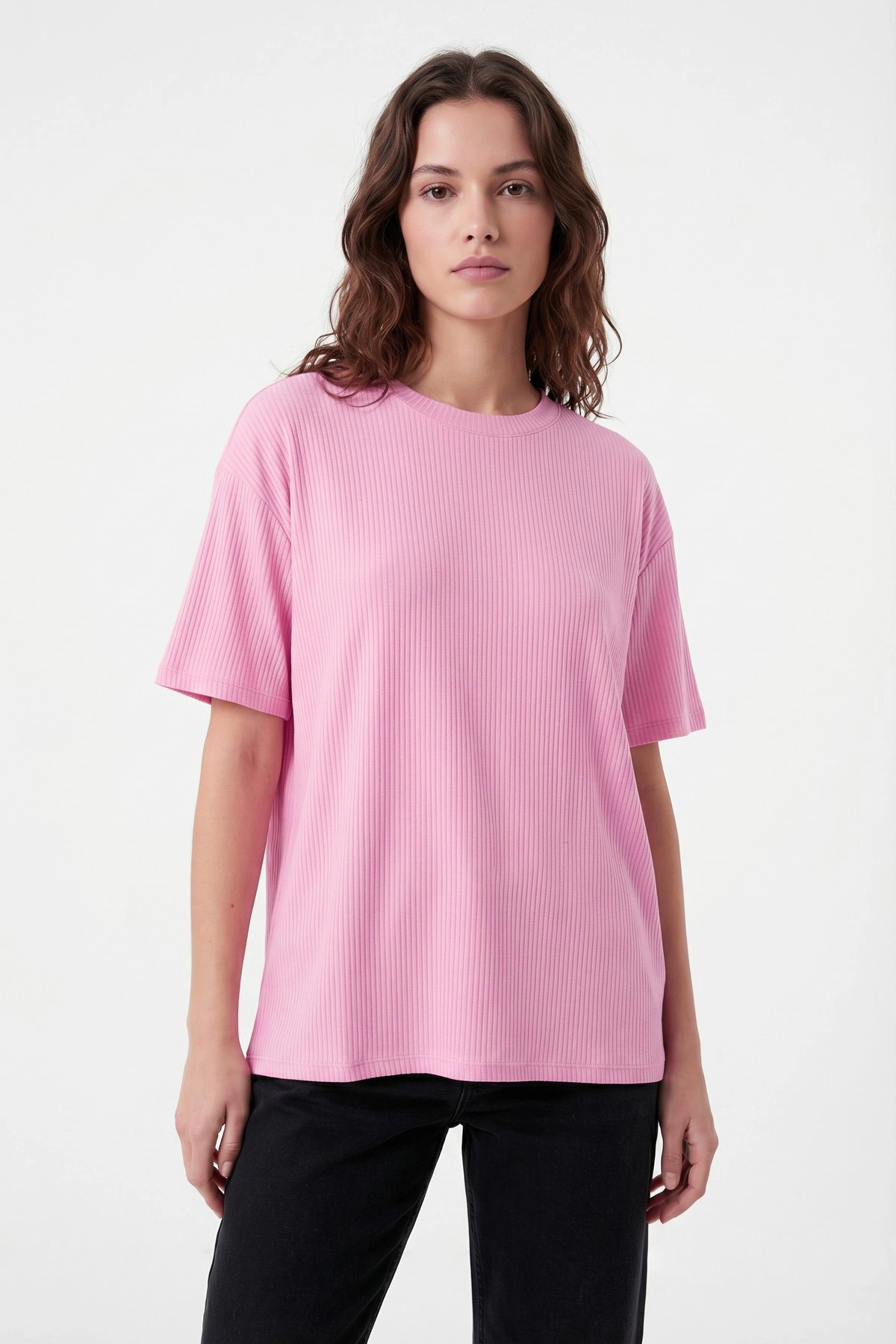 Pembe Likralı Bisiklet Yaka Kadın Bluz 449256
