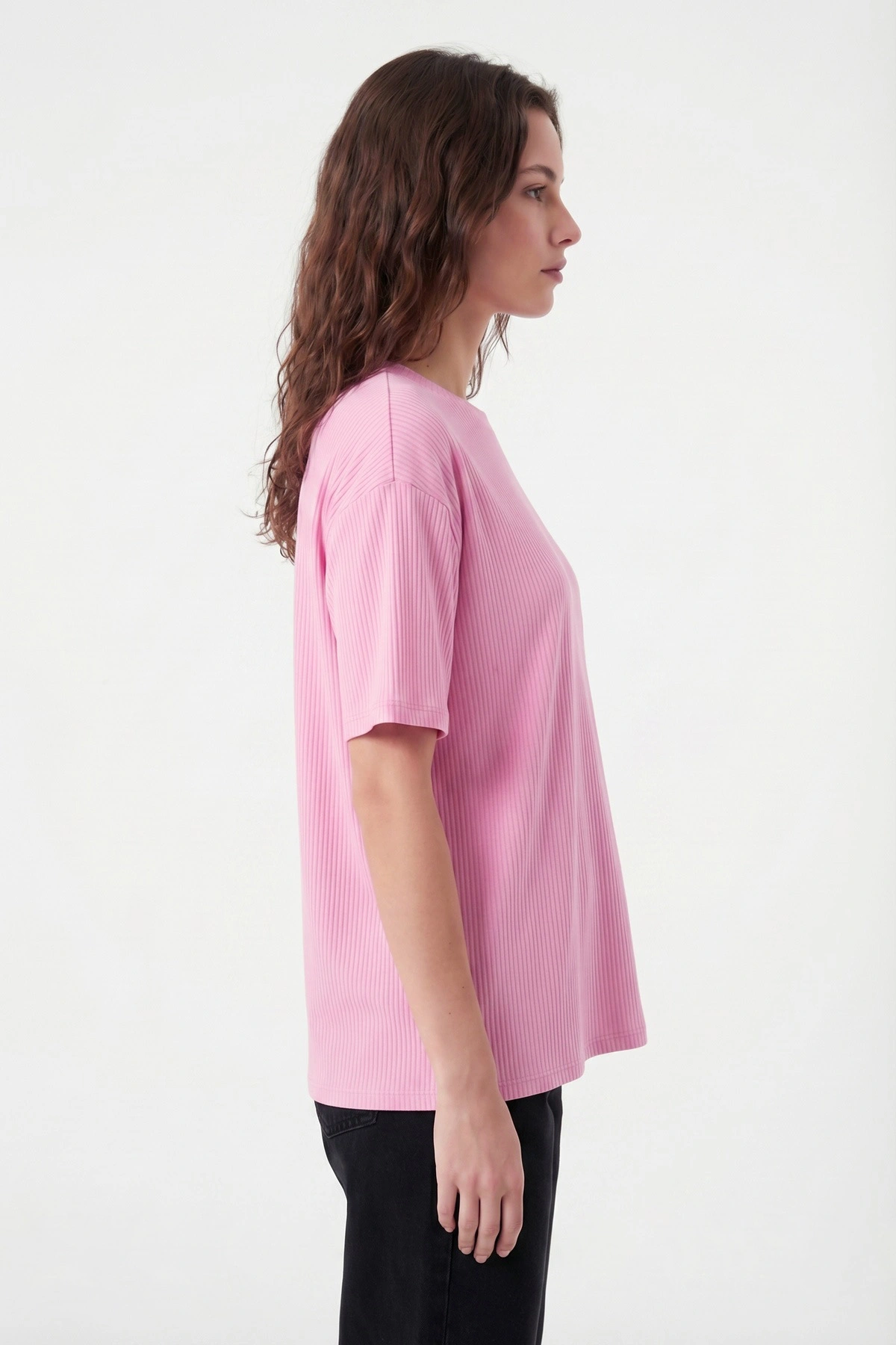 Pembe Likralı Bisiklet Yaka Kadın Bluz 449256