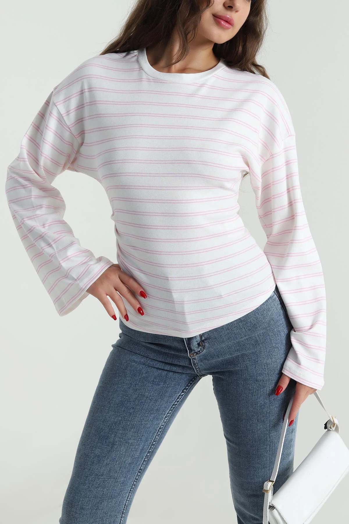 Pembe Likralı Bisiklet Yaka Kadın Sweat 491724