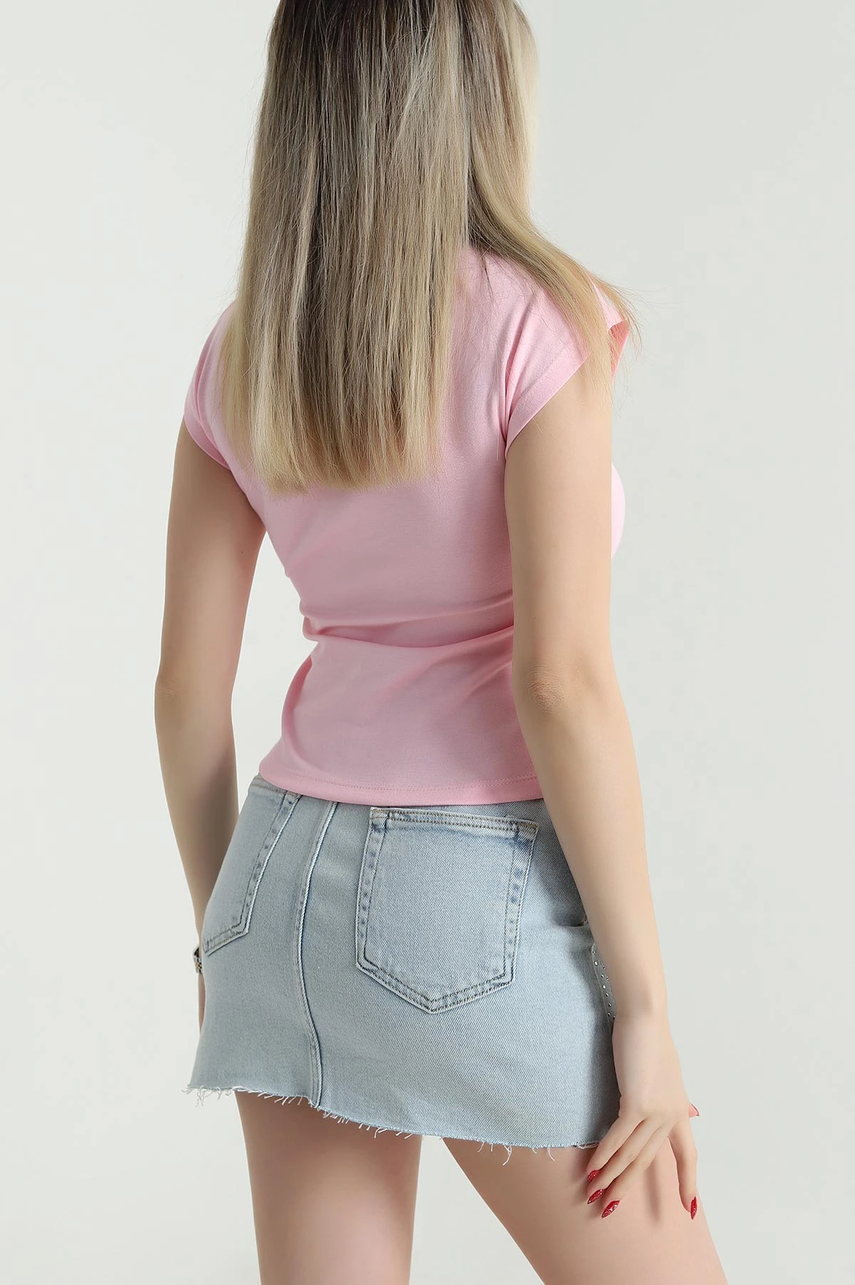 Pembe Likralı Bisiklet Yaka Oysho Kadın Tişört 473457
