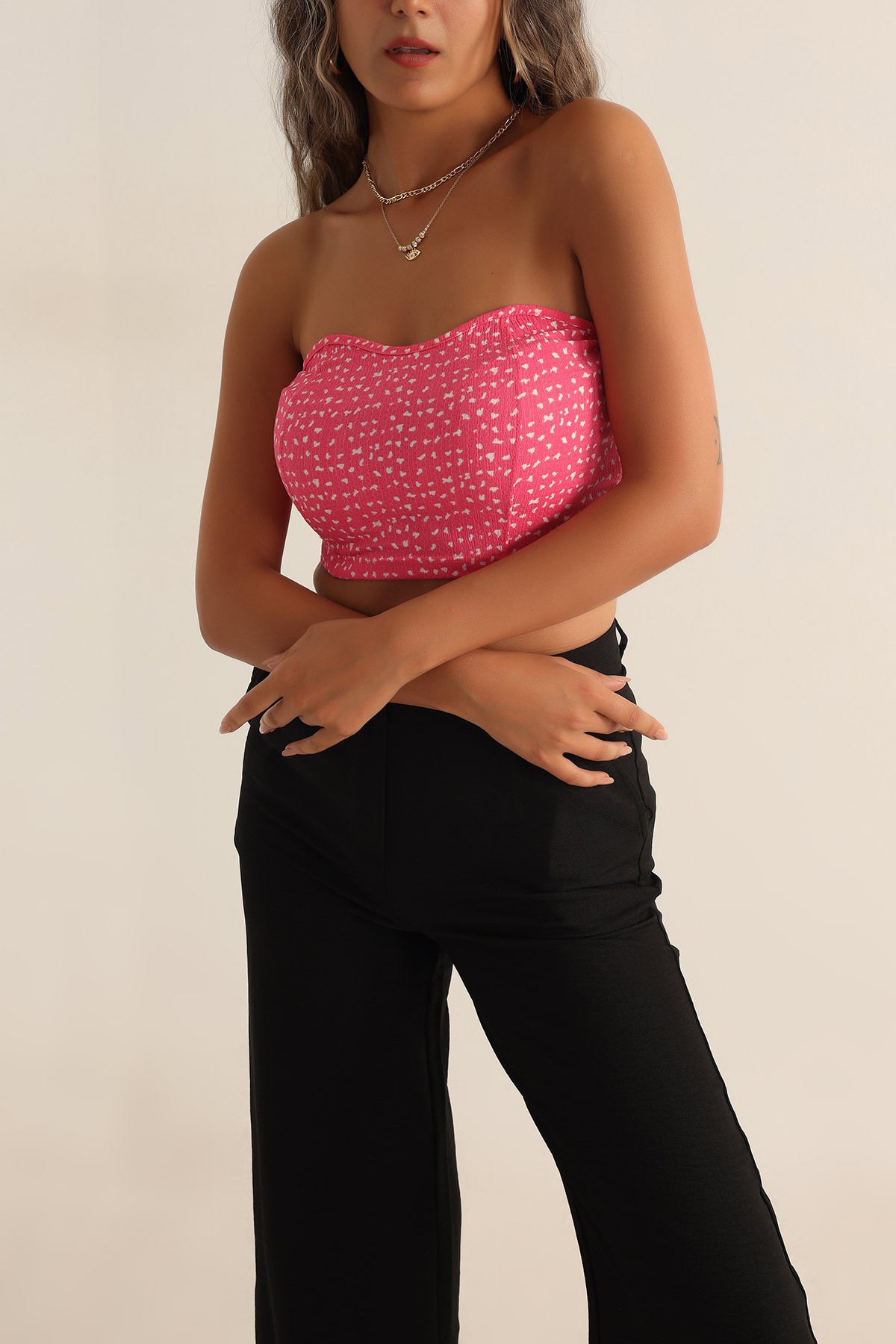 Pembe Likralı Desenli Bluz 193877
