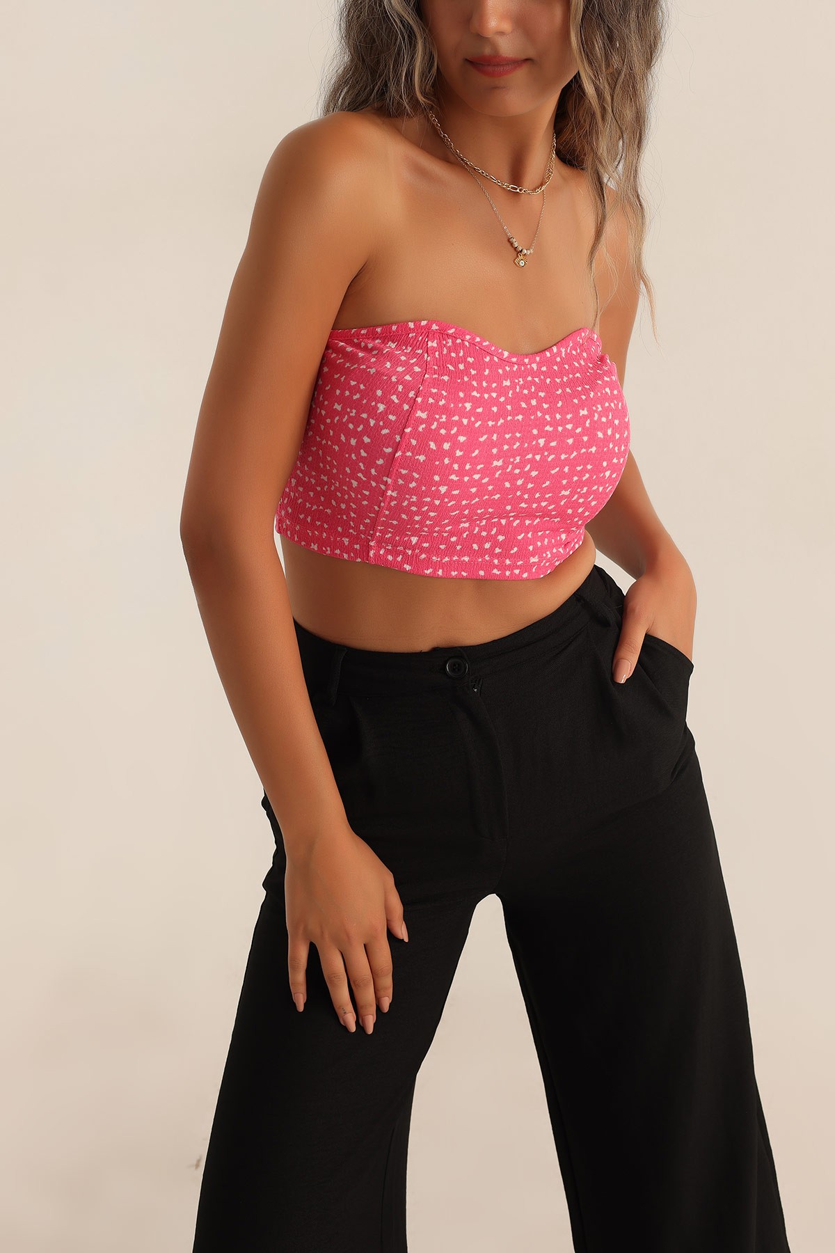 Pembe Likralı Desenli Bluz 193877