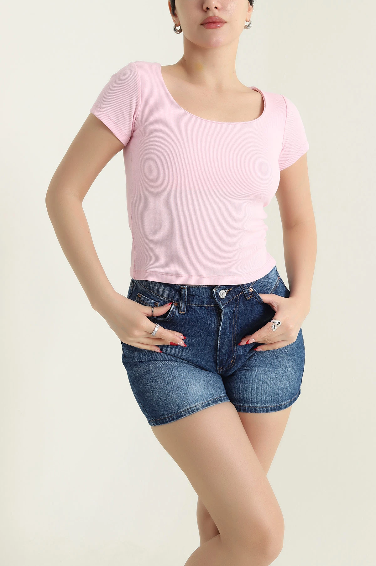 Pembe Likralı Fitilli Kadın Bluz 432189