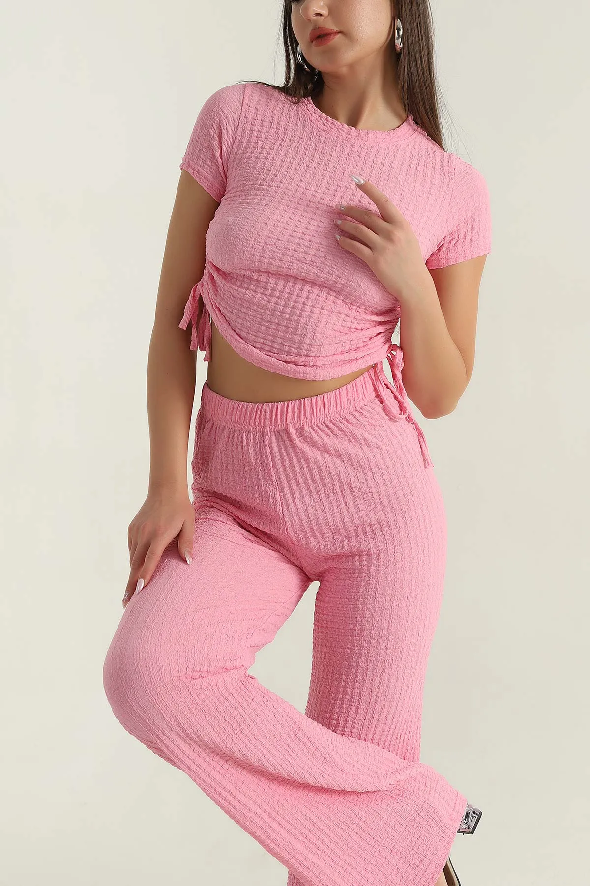 Pembe Likralı Gofre Kadın İkili Takım 378126