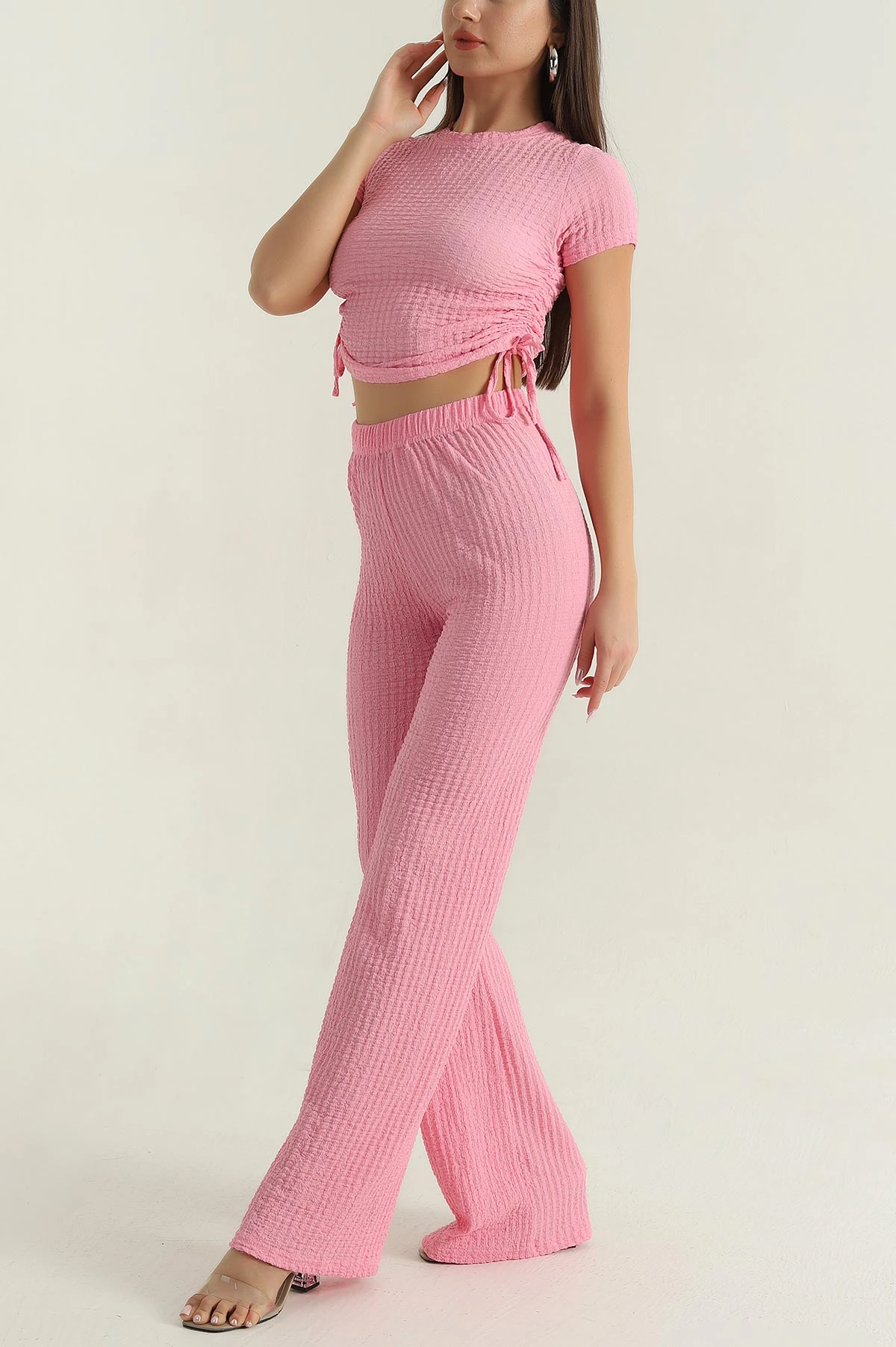 Pembe Likralı Gofre Kadın İkili Takım 378126