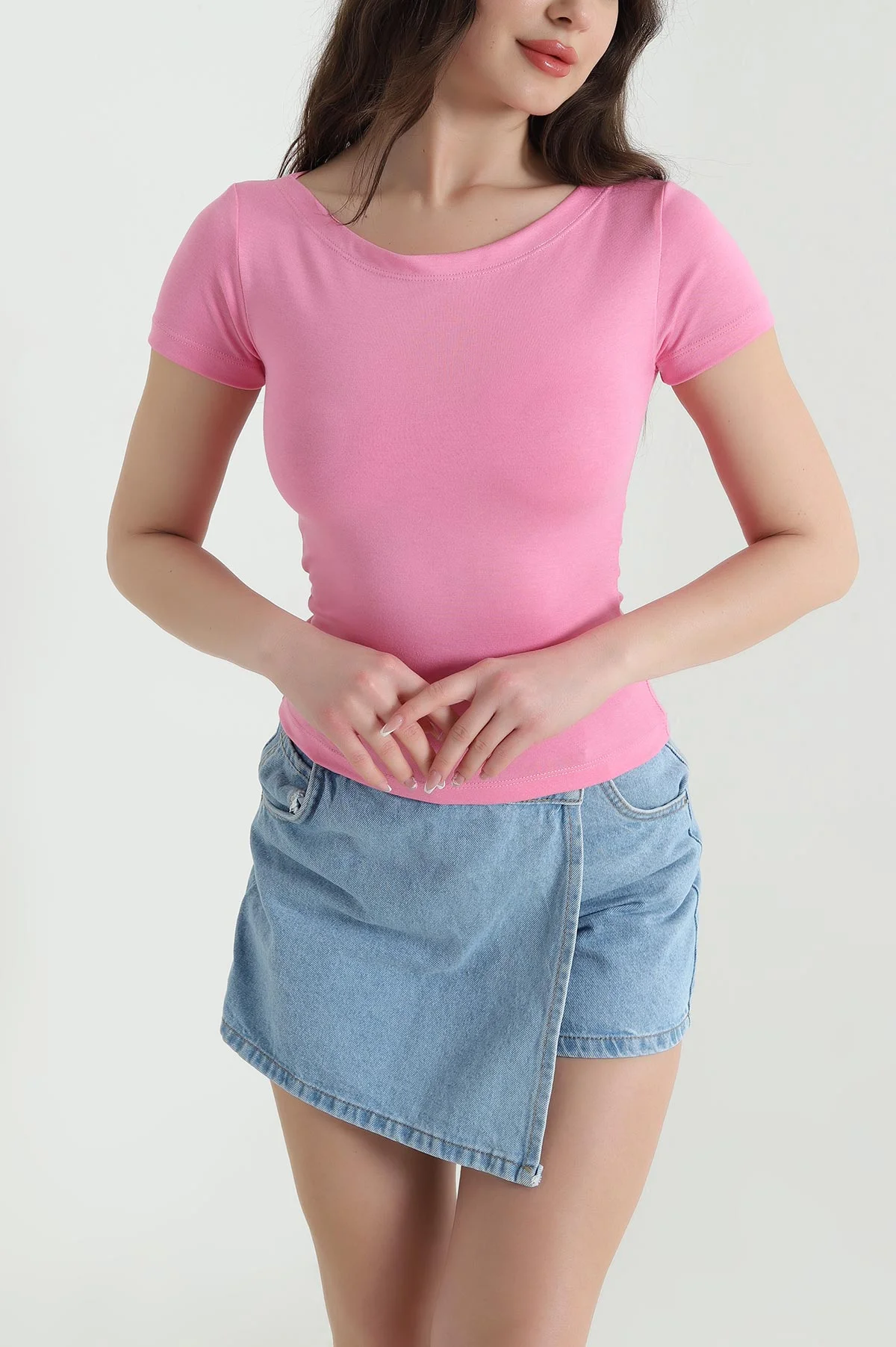 Pembe Likralı Kayık Yaka Oysho Kadın Bluz 454067