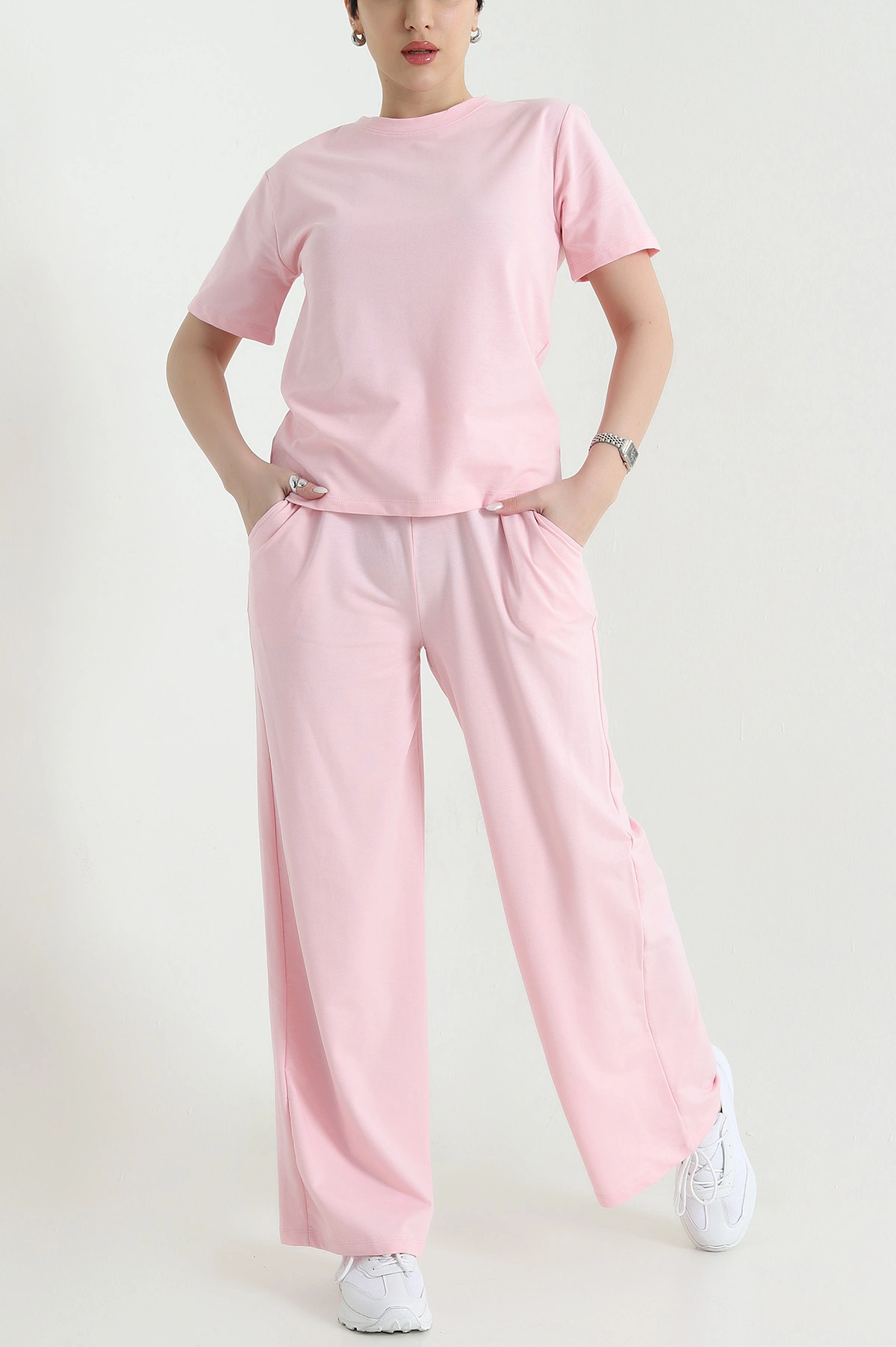 Pembe Likralı Kristal Bisiklet Yaka Kadın İkili Takım 443831
