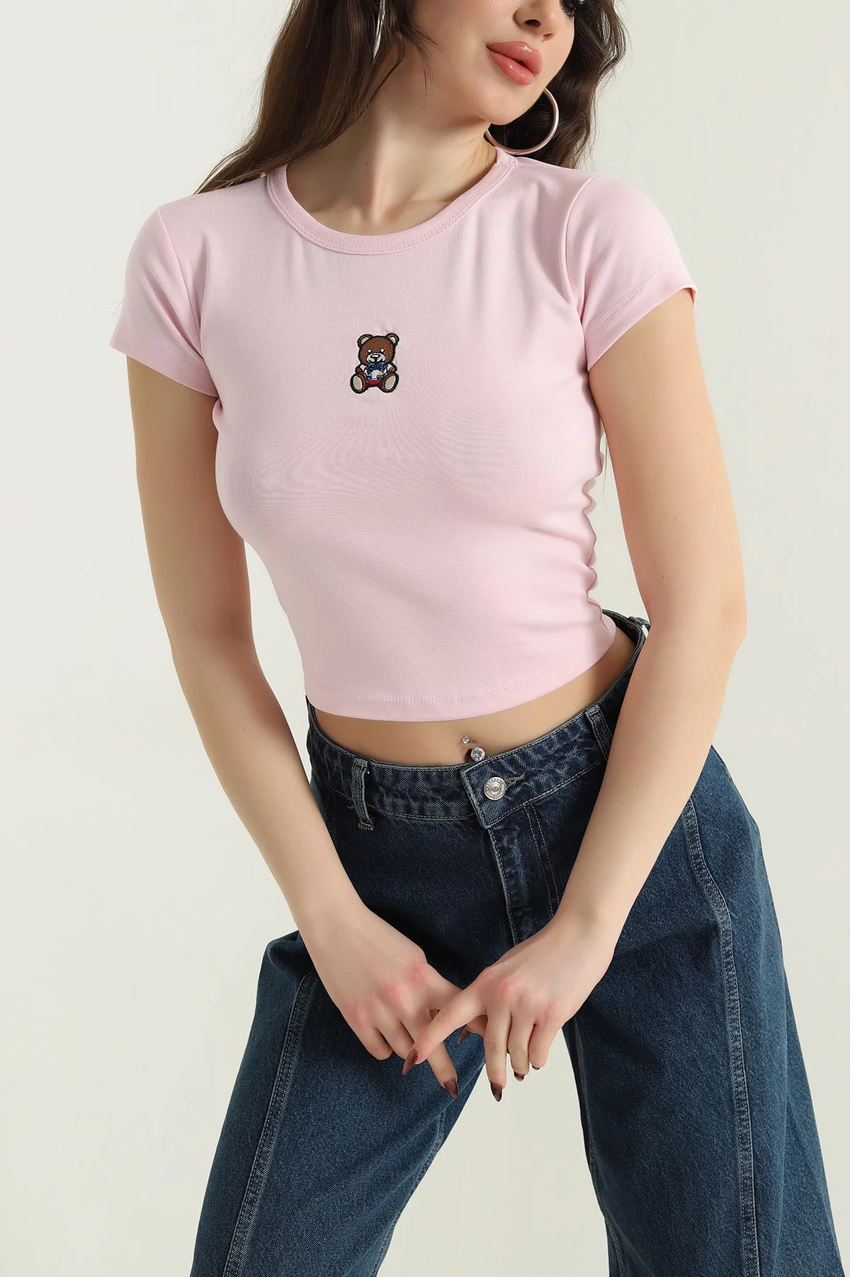 Pembe Likralı Nakışlı Ribana Kadın Tişört 437247