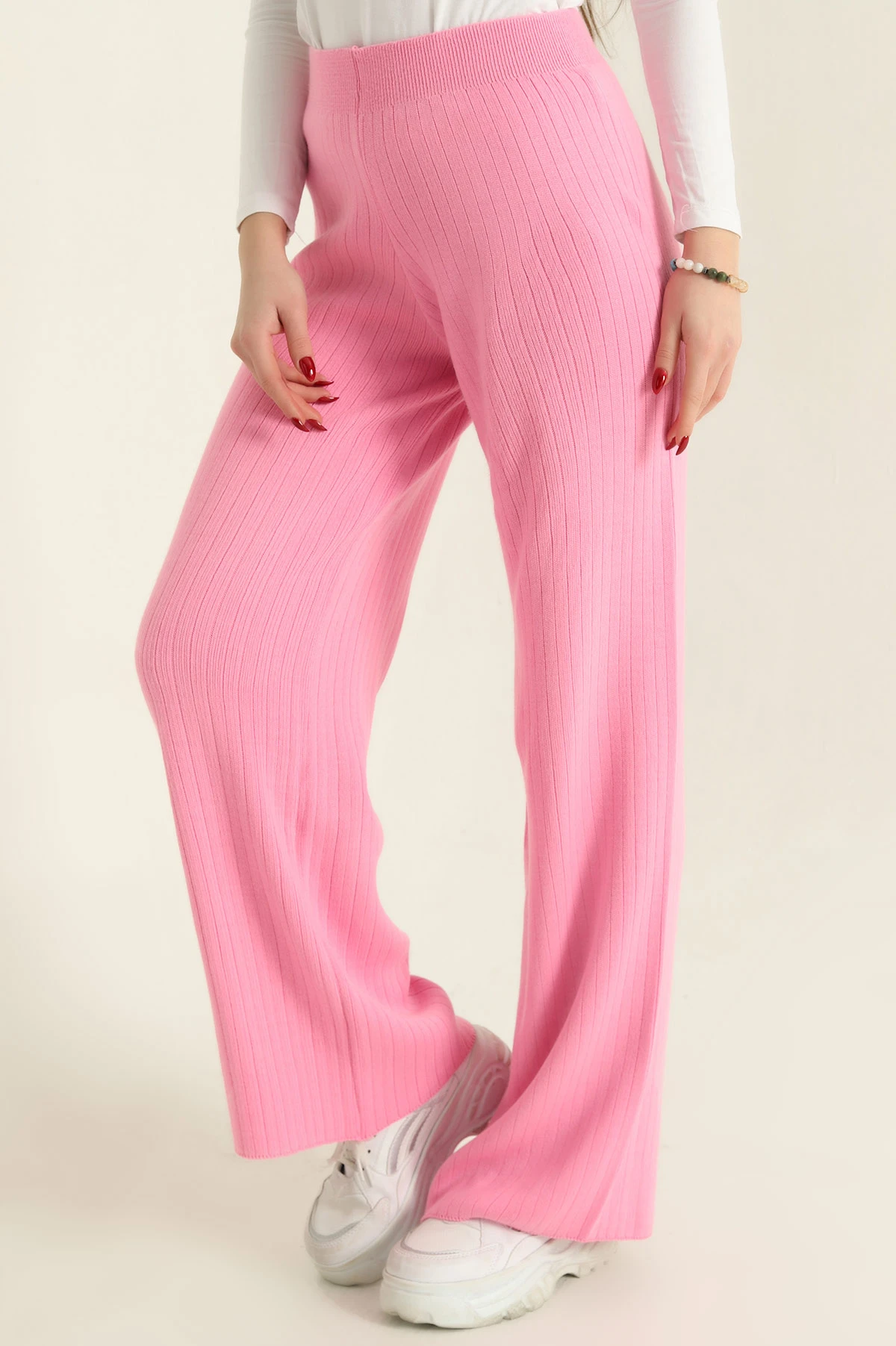 Pembe Likralı Palazzo Bayan Triko Pantolon 332451