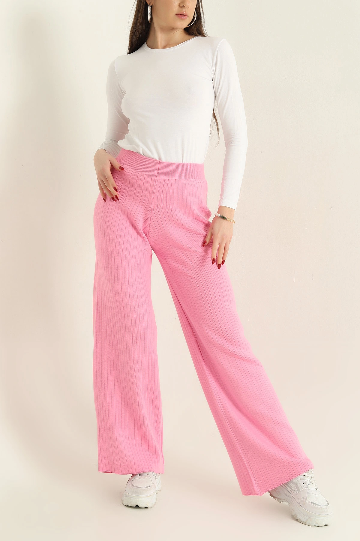 Pembe Likralı Palazzo Bayan Triko Pantolon 332451