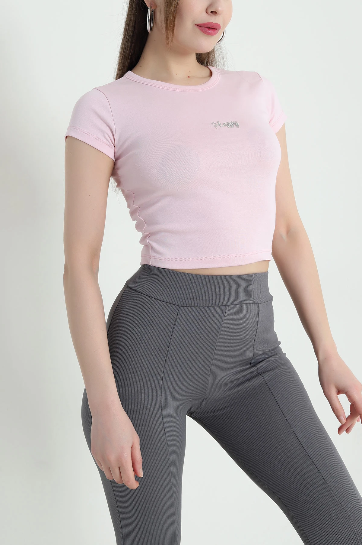 Pembe Likralı Ribana Kadın Tişört 443078