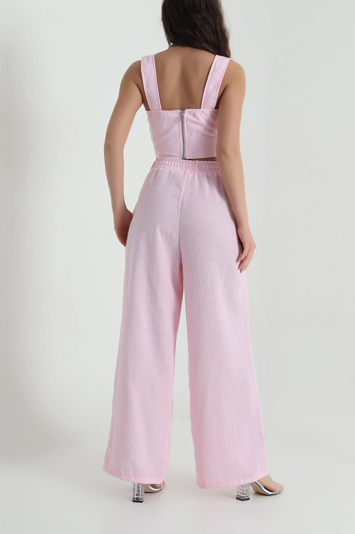 Pembe Liyosel Keten Bluz Pantolon Kadın İkili Takım 458895