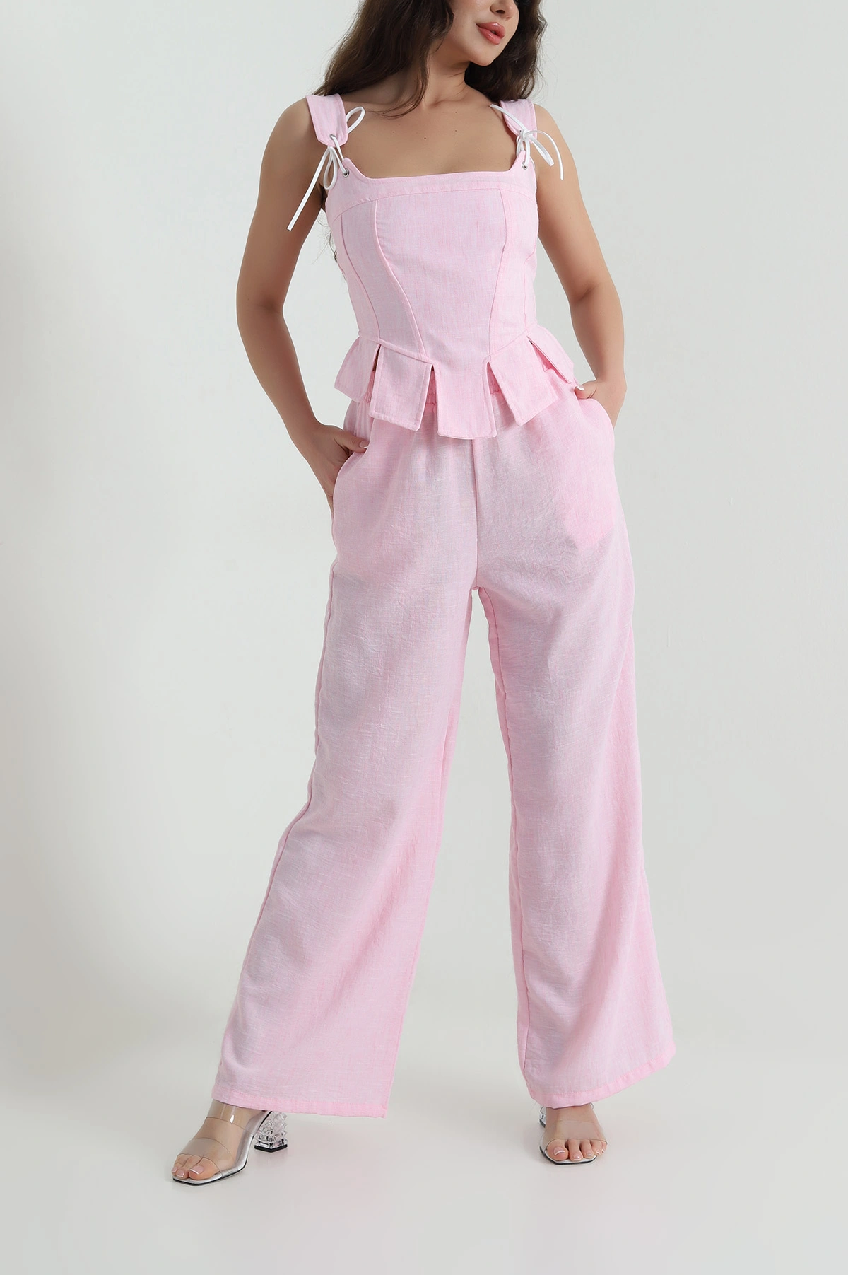 Pembe Liyosel Keten Bluz Pantolon Kadın İkili Takım 458895