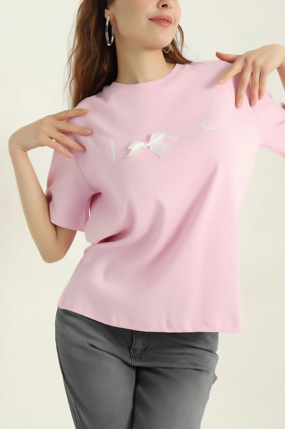 Pembe Love Baskılı Fiyonklu  Süprem Kadın Tişört 366883