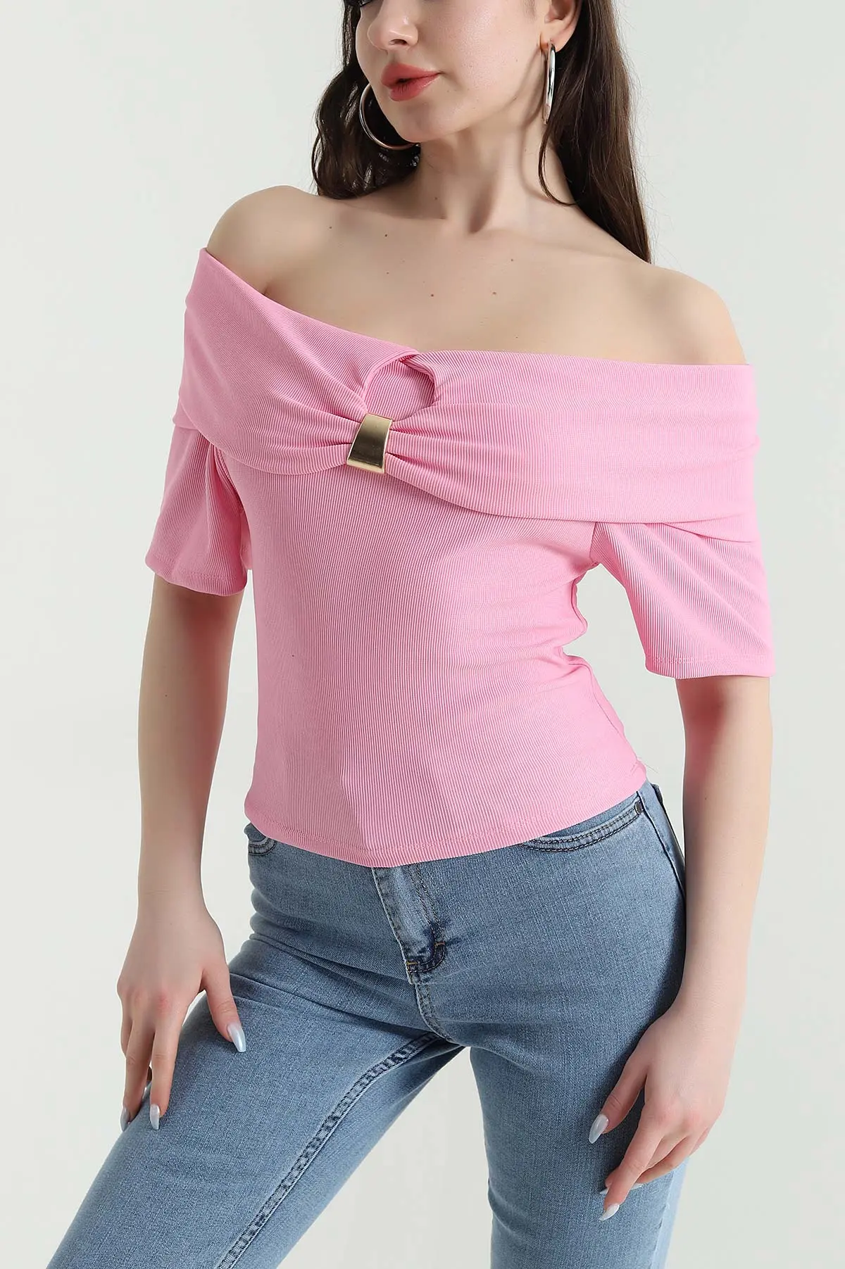 Pembe Madonna Yaka Ottoman Kadın Bluz 448791