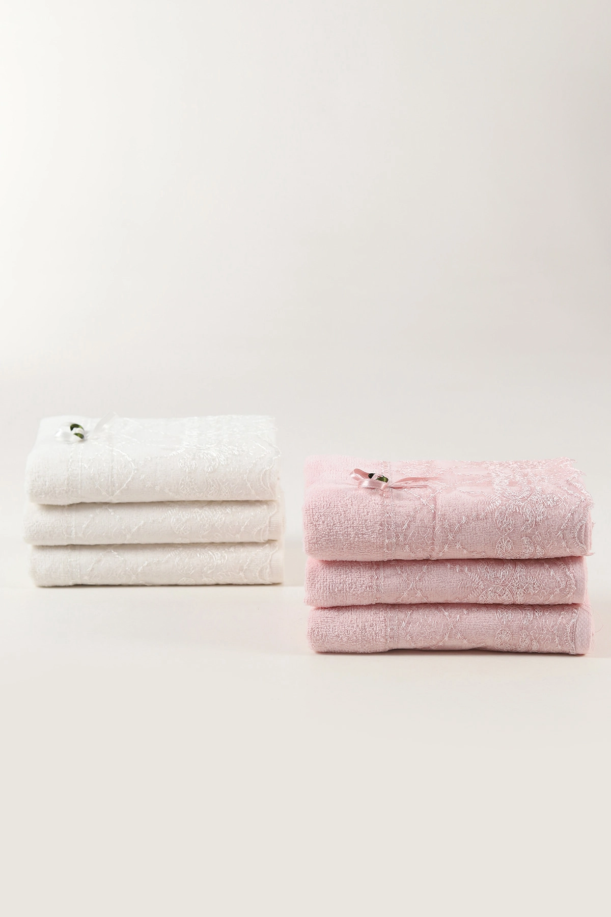 Pembe Mercan 50x90 Cm Kadife Ayna Dantelli 6'lı Çeyiz Seti - El Havlusu Seti 460300
