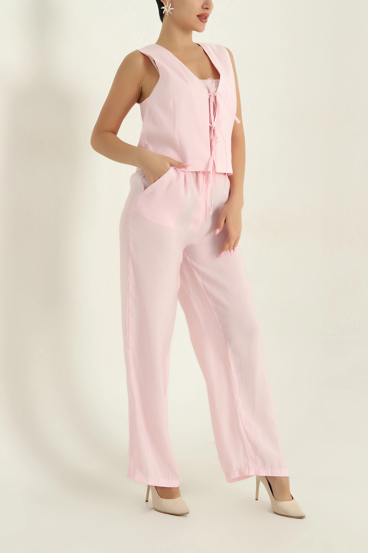 Pembe Modal Bağlamalı Yelek Pantolon Kadın İkili Takım 372959