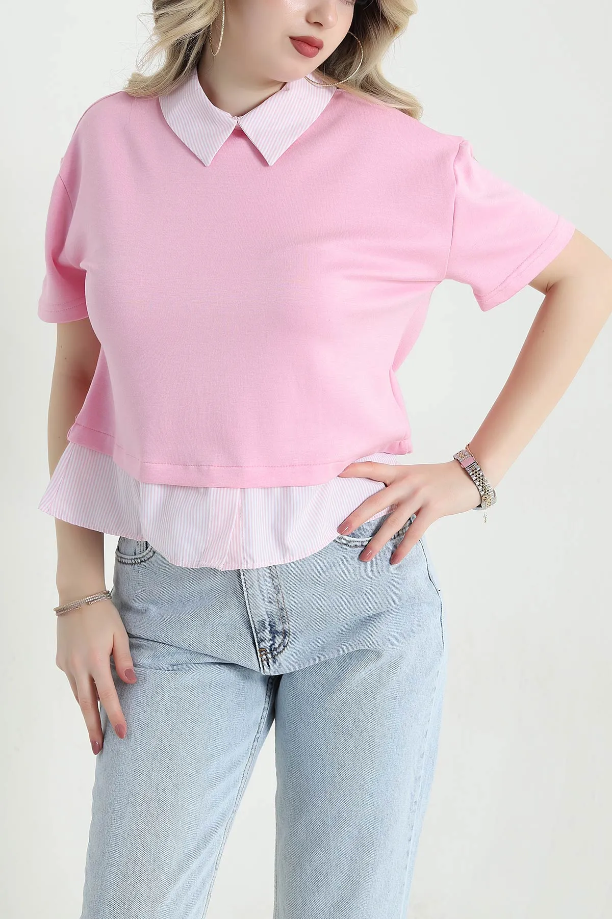 Pembe Modal Garnili Kadın Bluz 456455