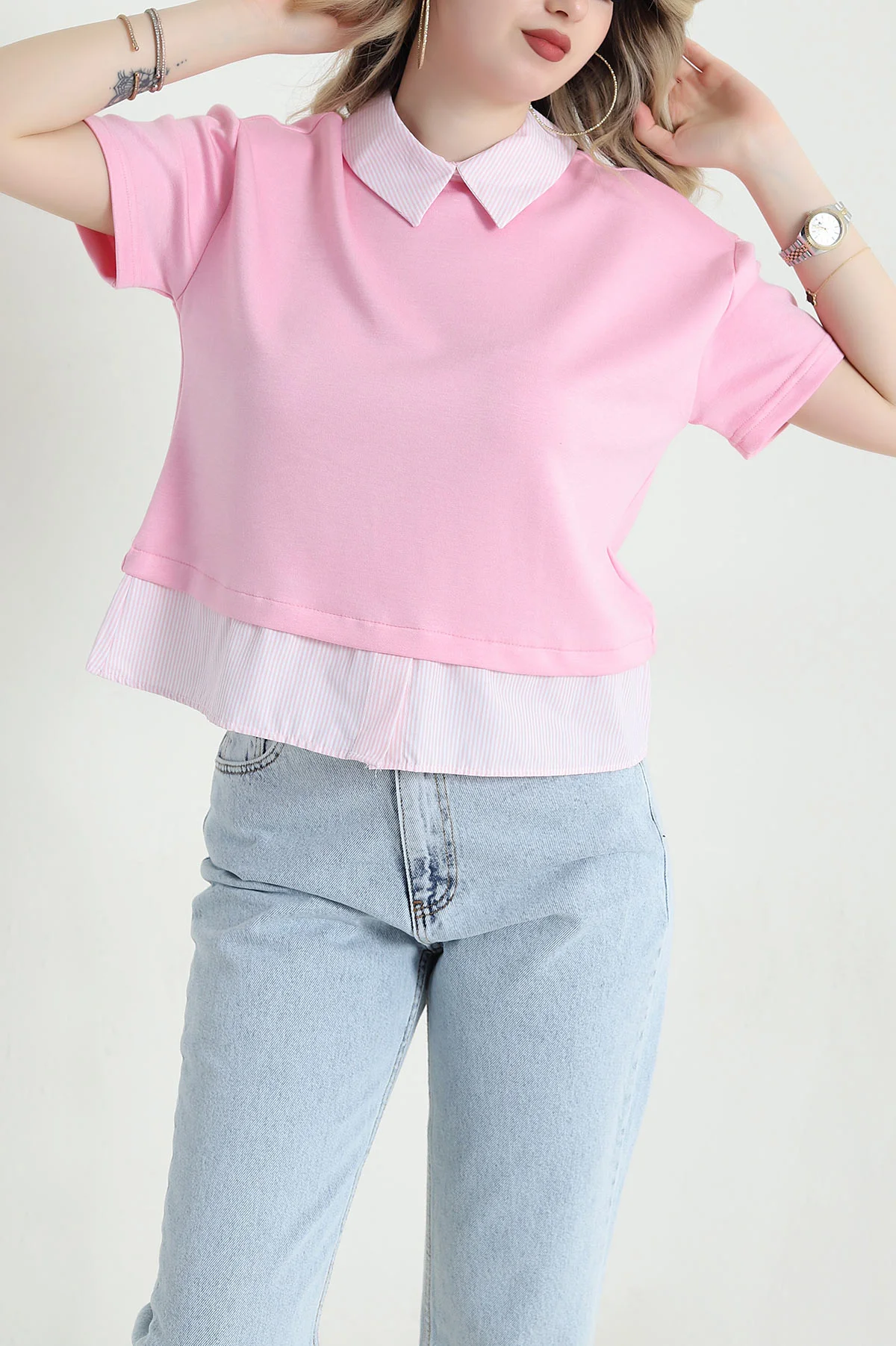 Pembe Modal Garnili Kadın Bluz 456455