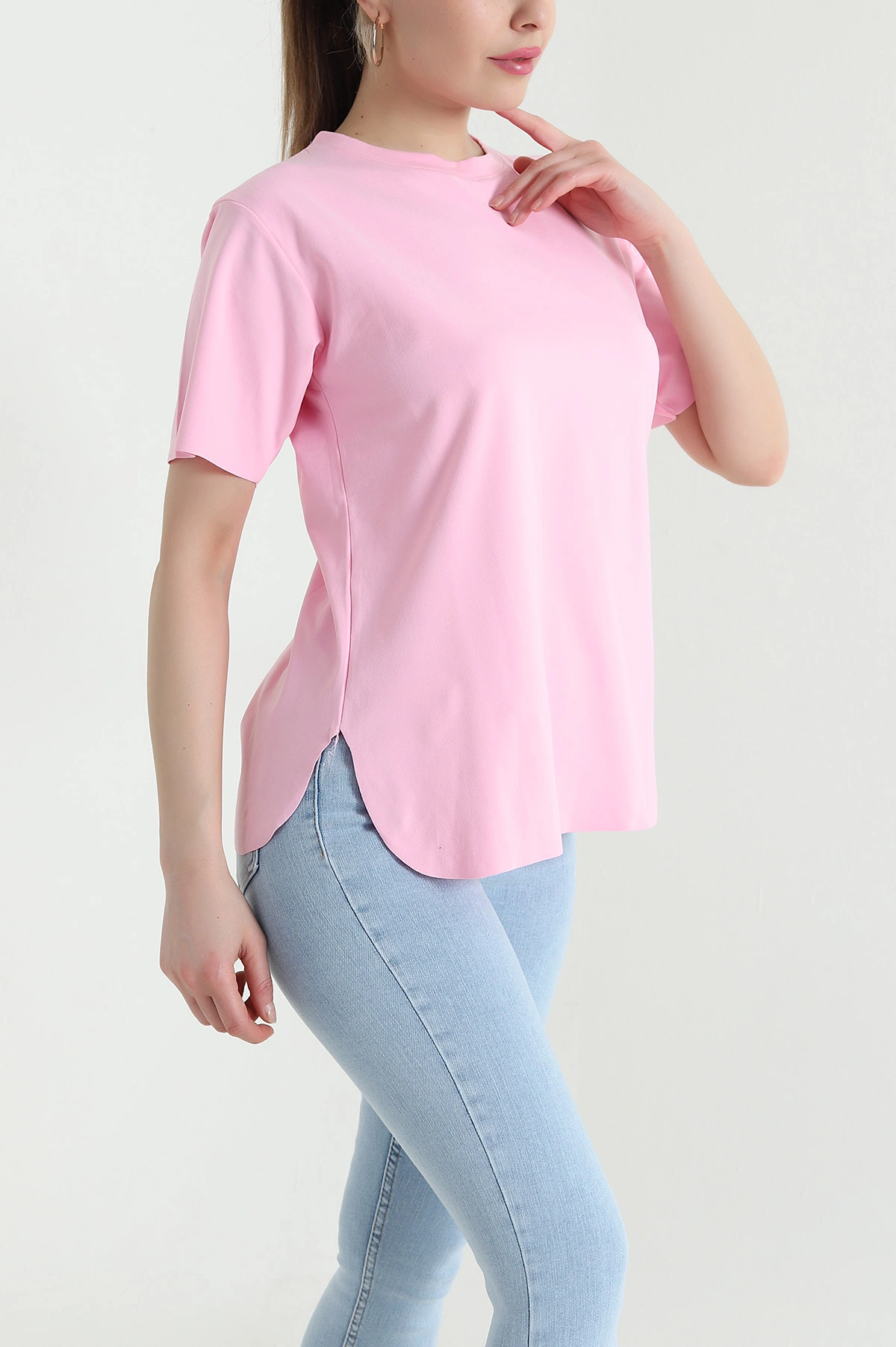 Pembe Modal Yırtmaçlı Likralı Kadın Tişört 444412