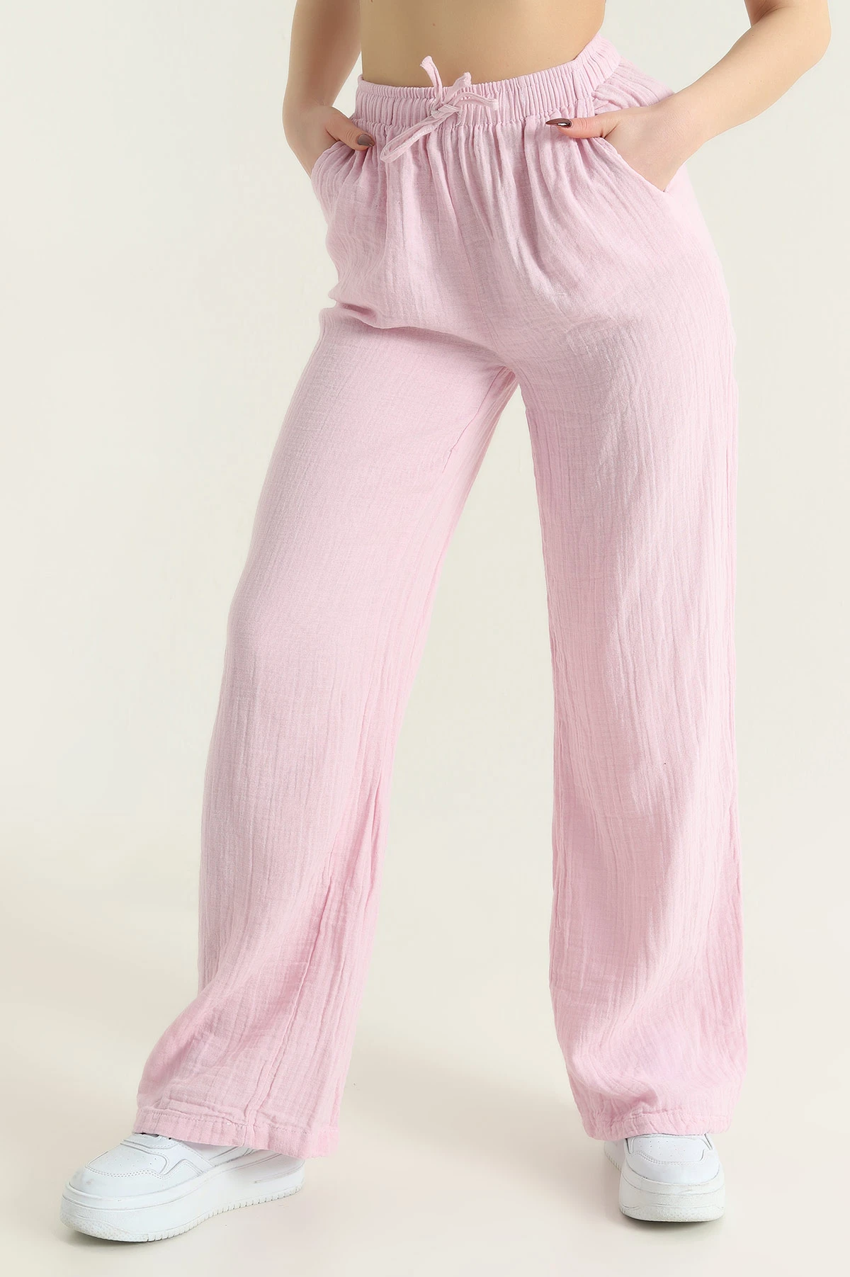 Pembe Müslin Beli Lastikli Palazzo Kadın Pantolon 432488