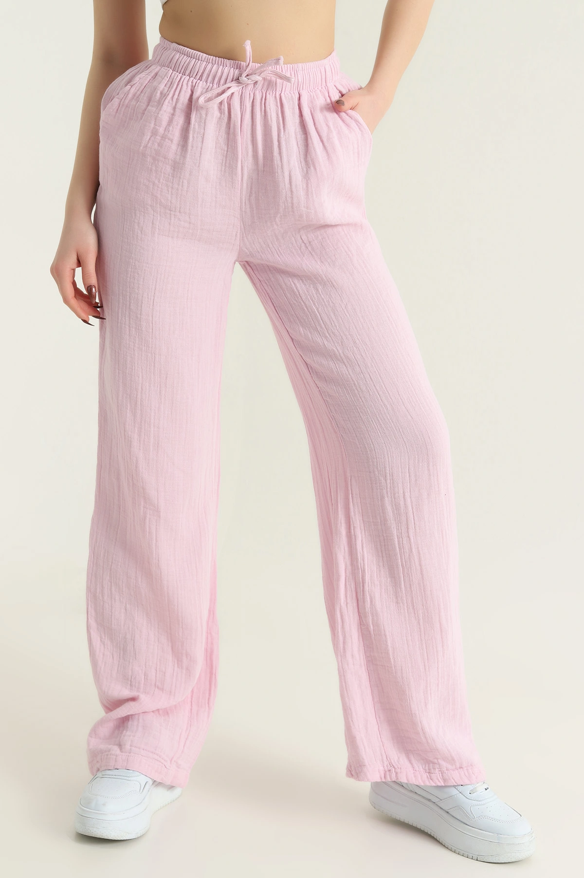 Pembe Müslin Beli Lastikli Palazzo Kadın Pantolon 432488