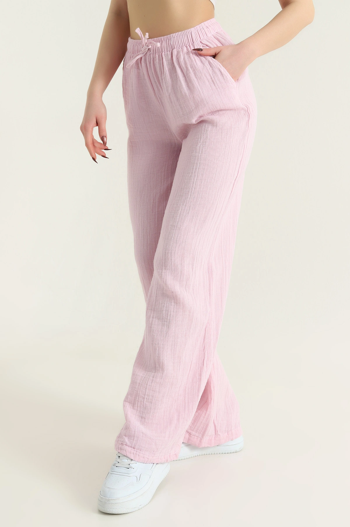Pembe Müslin Beli Lastikli Palazzo Kadın Pantolon 432488