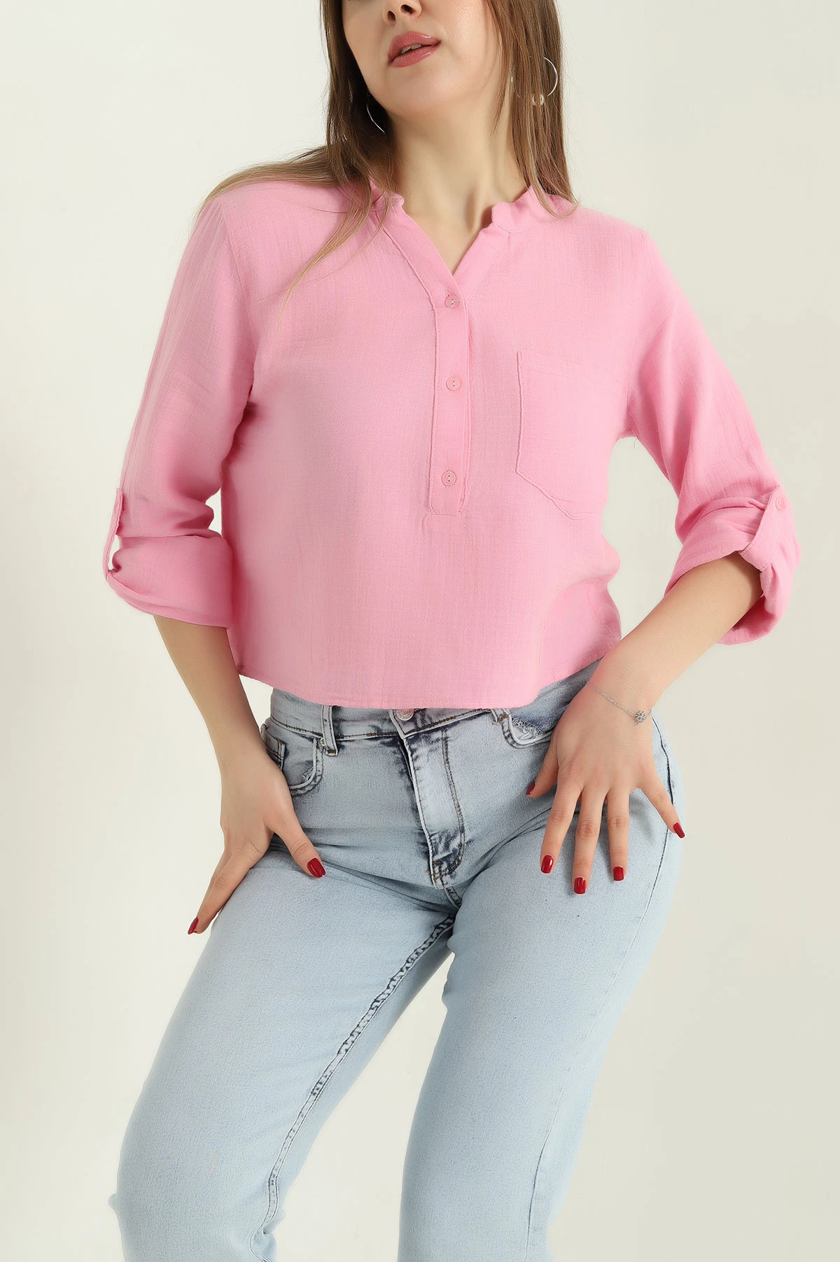 Pembe Müslin Hakim Yaka Bayan Gömlek 336827
