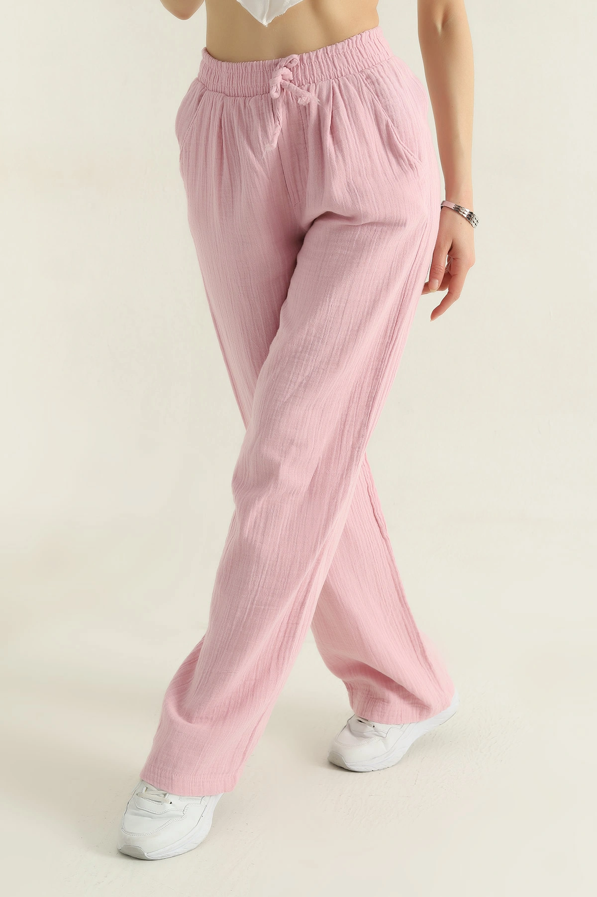 Pembe Müslin Keten Beli Lastikli Palazzo Kadın Pantolon 359563